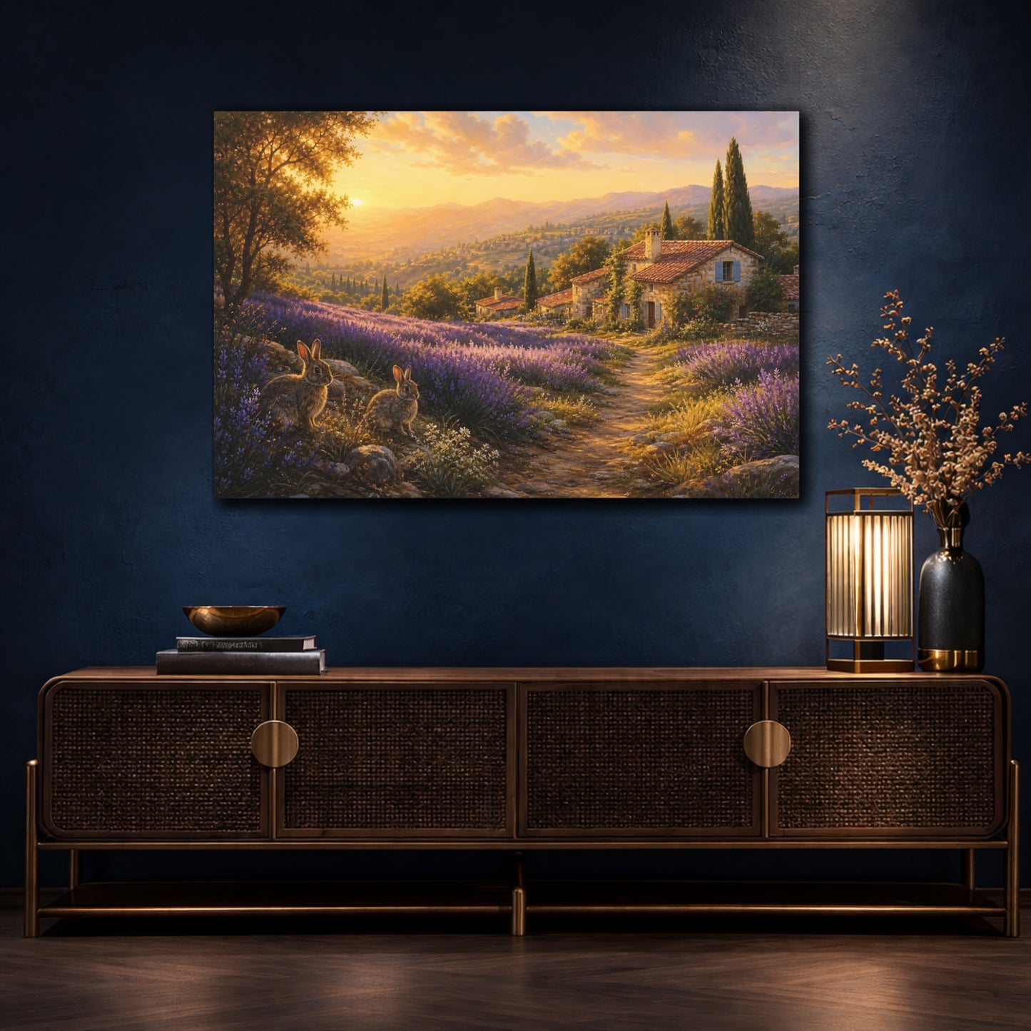 Mockup 4. Nature Lavender Field Lavender Sunset shown as stretched canvas wall art