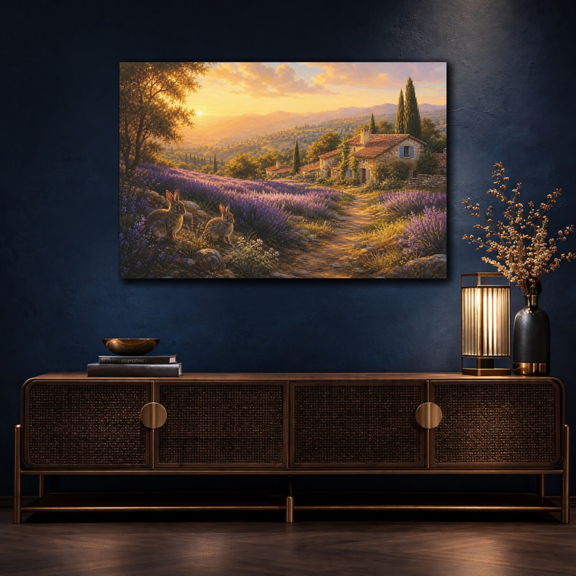 Mockup 4. Nature Lavender Field Lavender Sunset shown as stretched canvas wall art