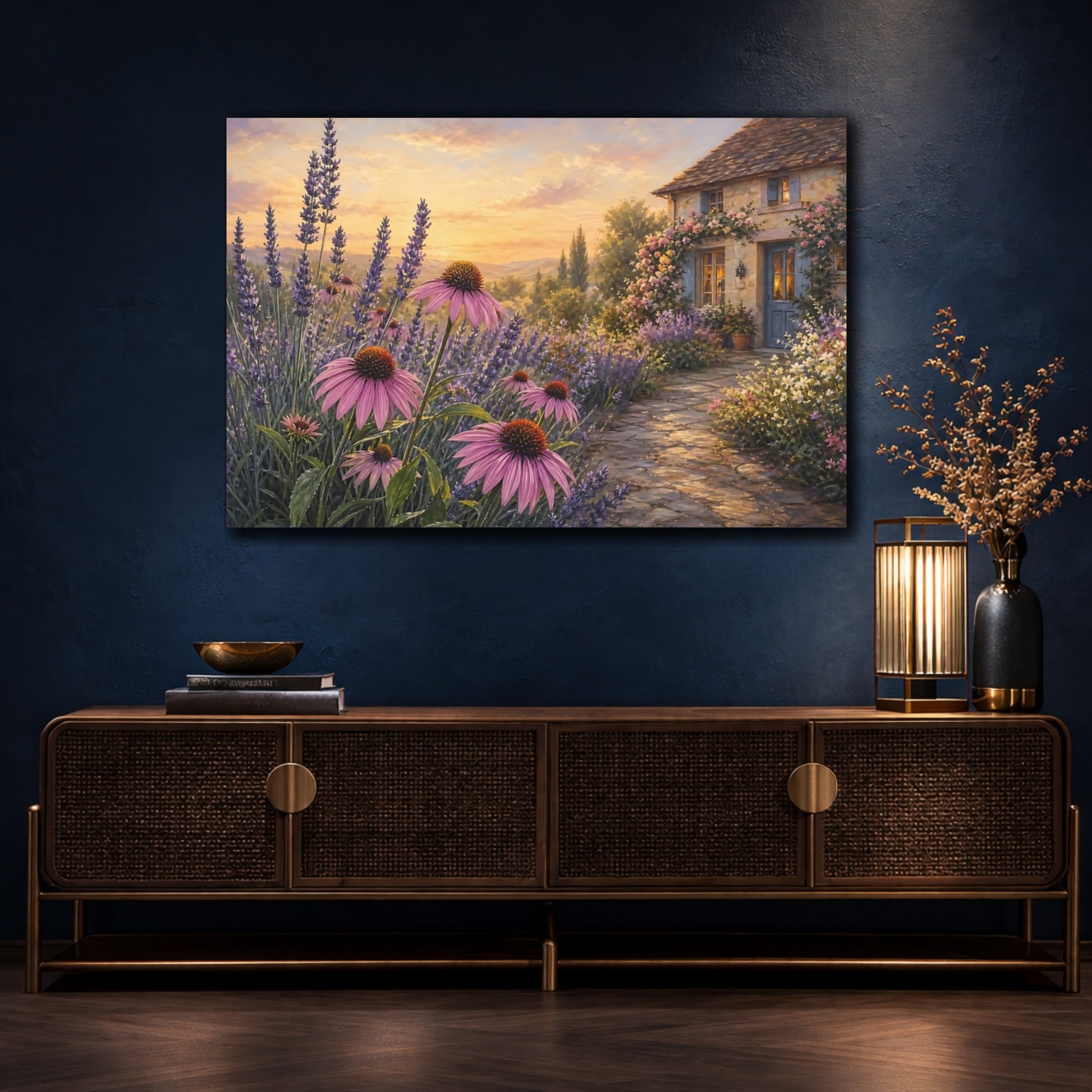 Mockup 4. Nature Lavender Field Lavender Sunset shown as stretched canvas wall art