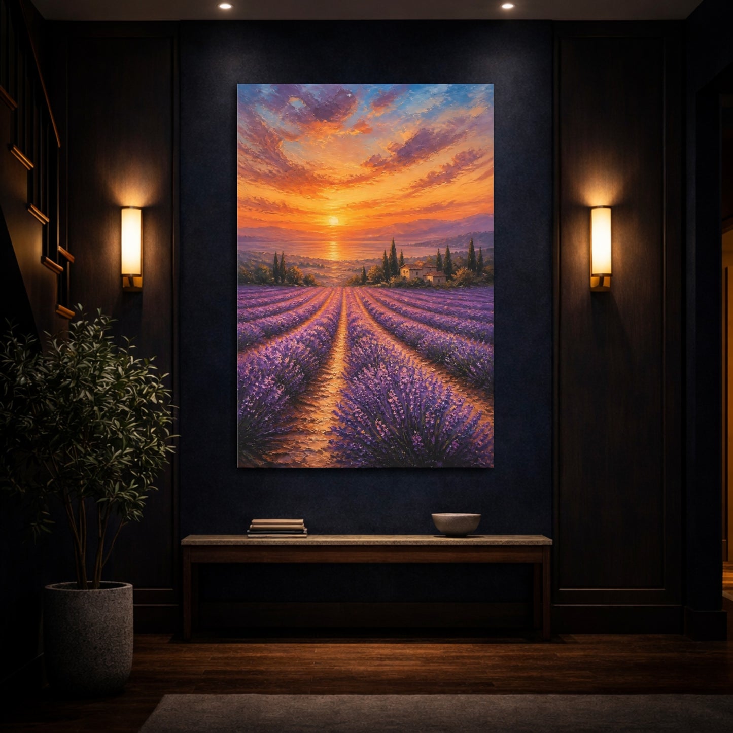 Mockup 4. Nature Lavender Field Lavender Sunset shown as stretched canvas wall art