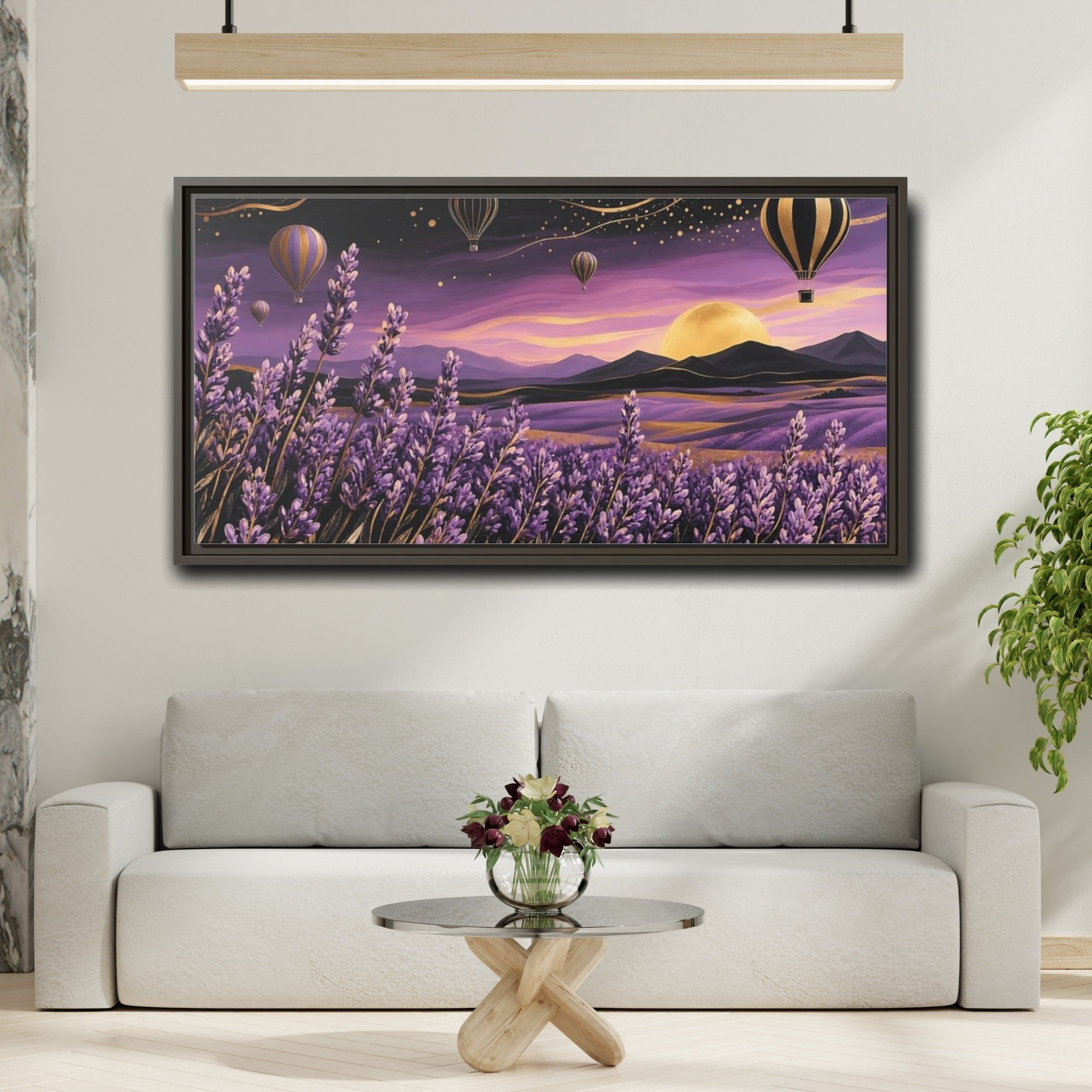 Mockup 2. Nature Lavender Field Purple And Gold Landscape shown as stretched canvas wall art