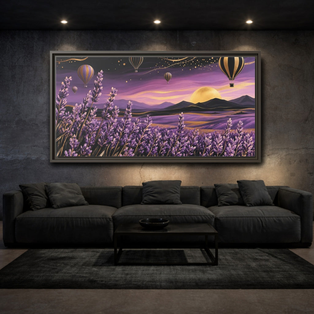 Mockup 3. Nature Lavender Field Purple And Gold Landscape shown as stretched canvas wall art