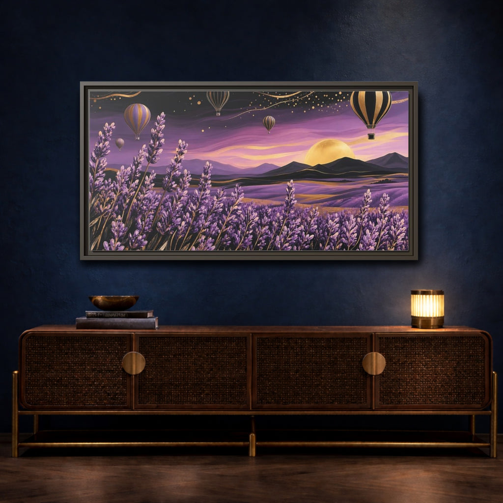 Mockup 4. Nature Lavender Field Purple And Gold Landscape shown as stretched canvas wall art