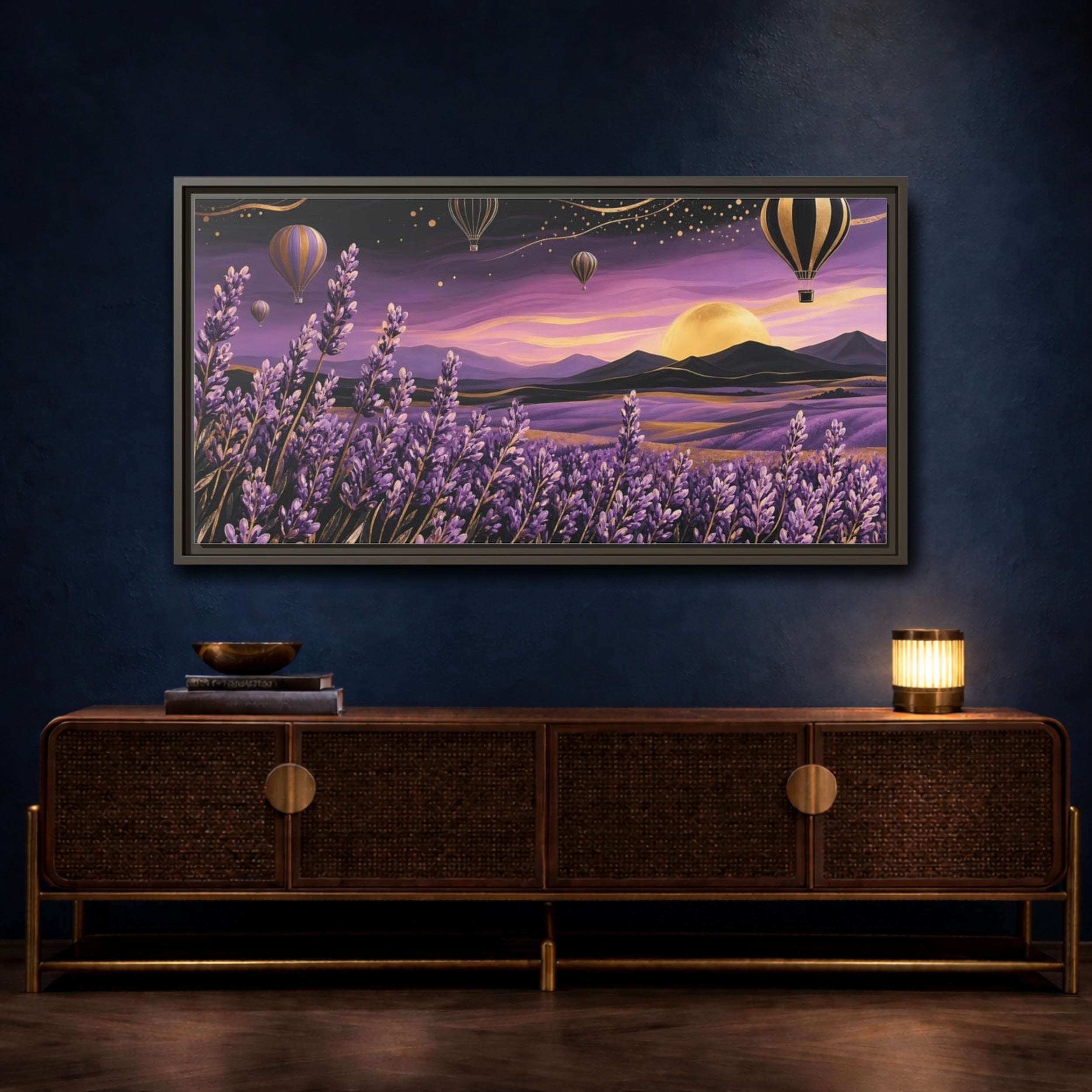 Mockup 4. Nature Lavender Field Purple And Gold Landscape shown as stretched canvas wall art