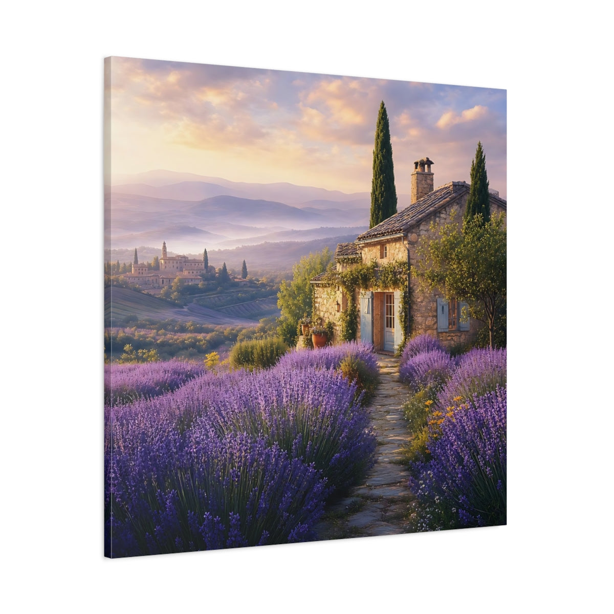 Side Mockup 1. Nature Lavender Field Purple Landscape shown as stretched canvas wall art