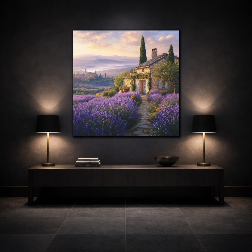 Mockup 3. Nature Lavender Field Purple Landscape shown as stretched canvas wall art