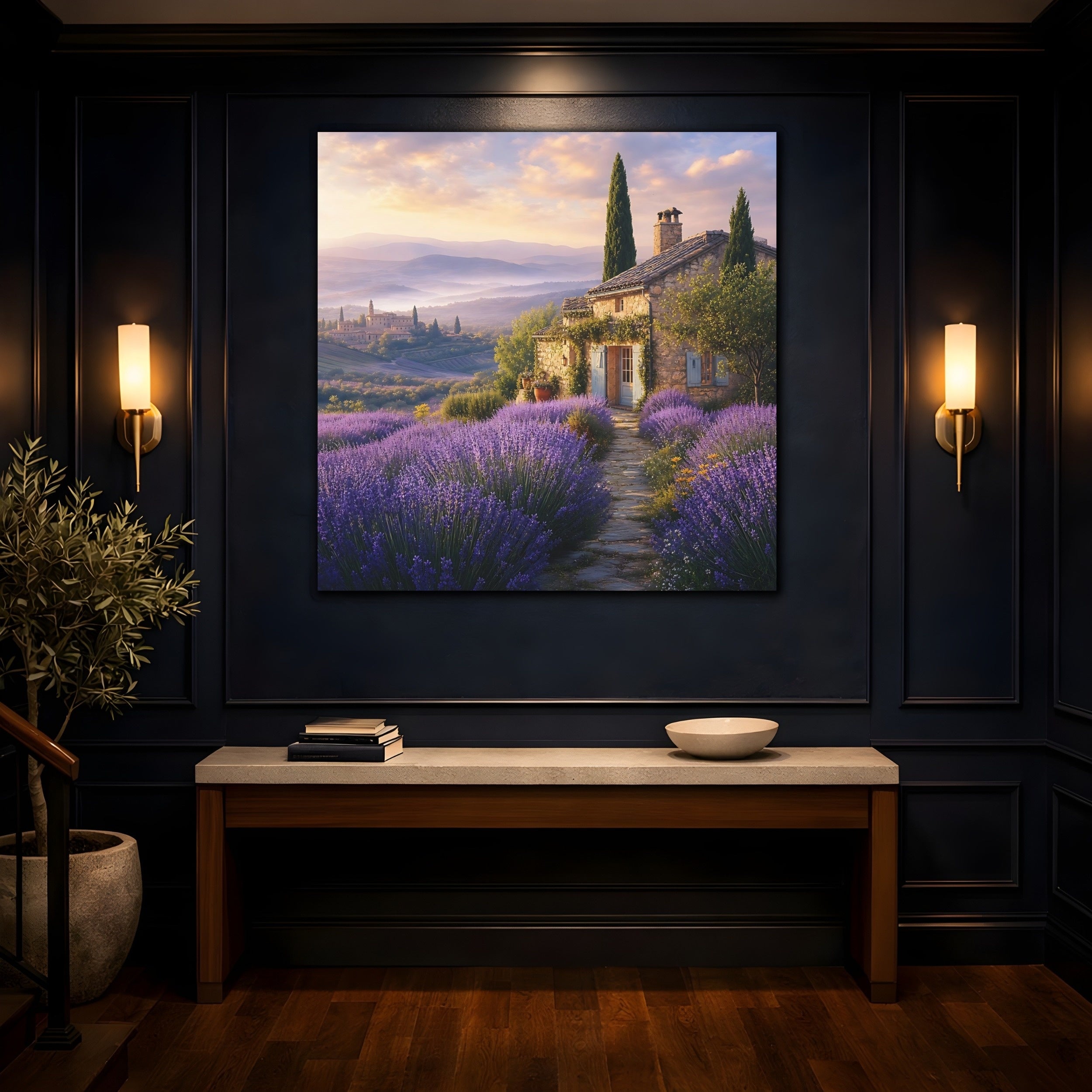 Mockup 4. Nature Lavender Field Purple Landscape shown as stretched canvas wall art