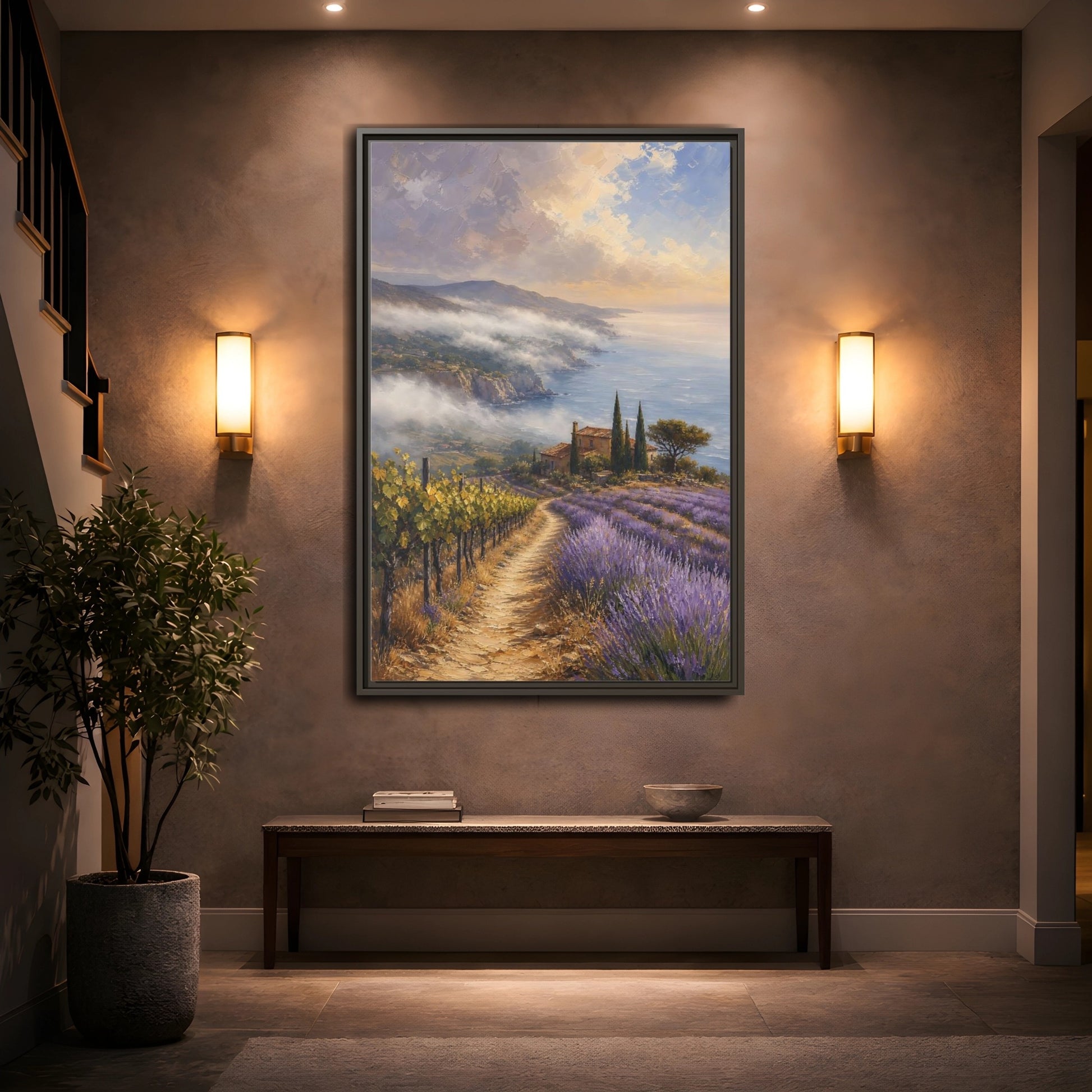 Mockup 2. Nature Lavender Field Purple Lavender Coastal shown as stretched canvas wall art