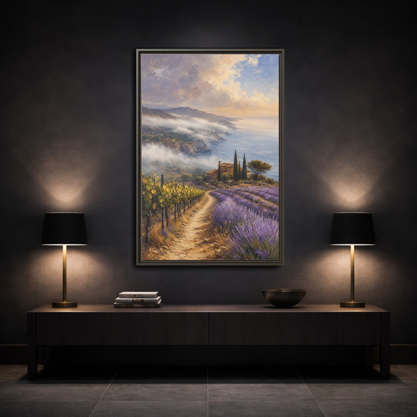 Mockup 3. Nature Lavender Field Purple Lavender Coastal shown as stretched canvas wall art