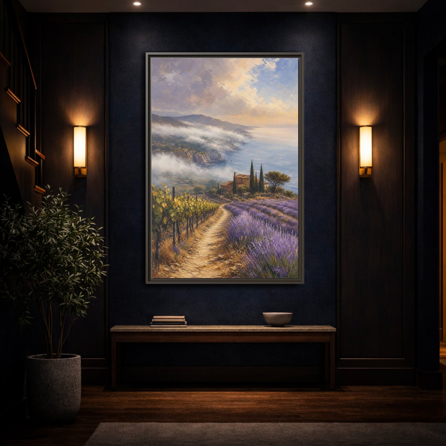 Mockup 4. Nature Lavender Field Purple Lavender Coastal shown as stretched canvas wall art