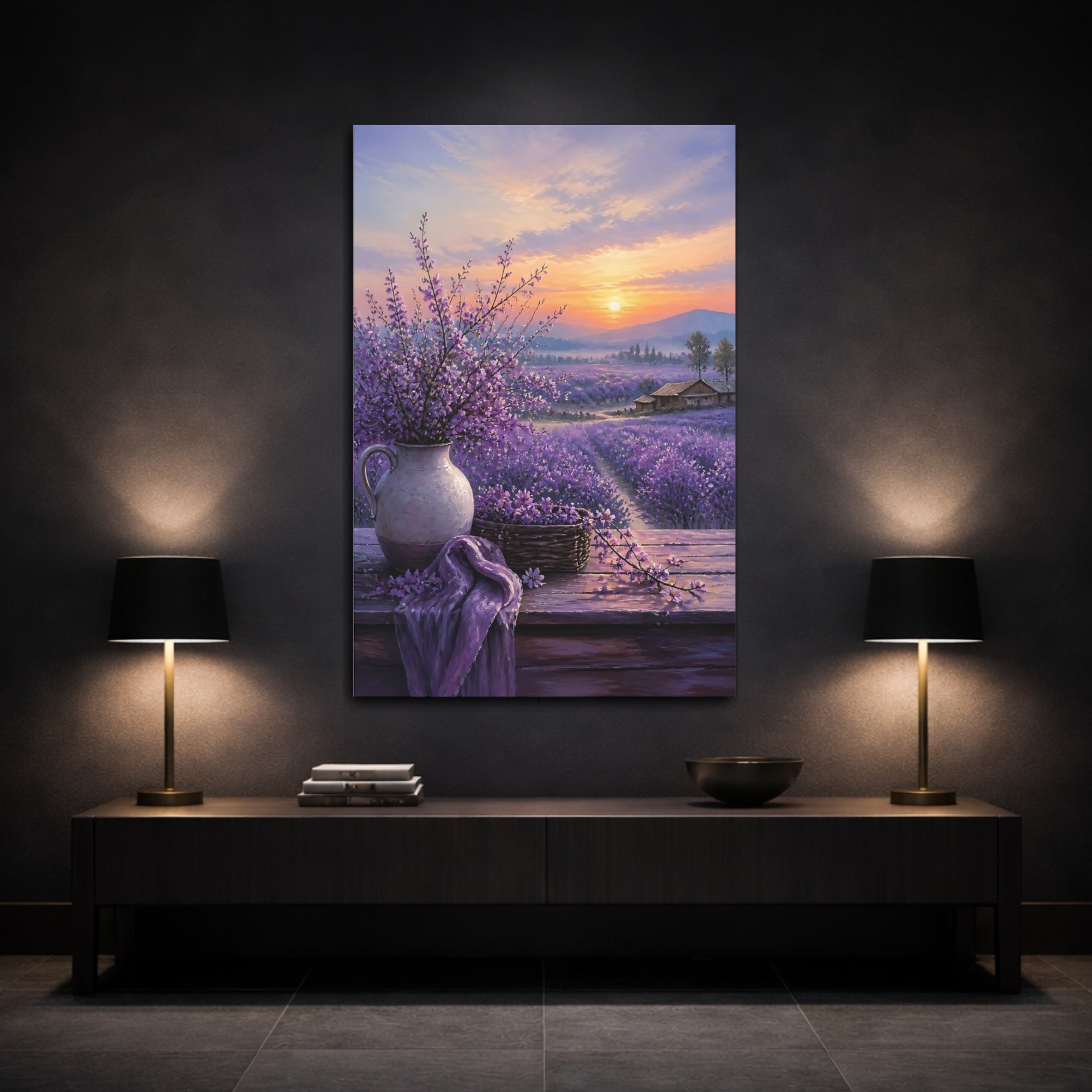 Mockup 3. Nature Lavender Field Purple Lavender Field shown as stretched canvas wall art