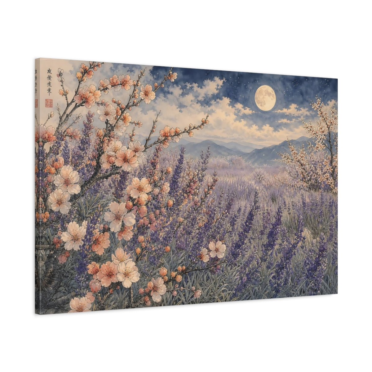 Main Mockup. Nature Lavender Field Purple Lavender Night shown as stretched canvas wall art