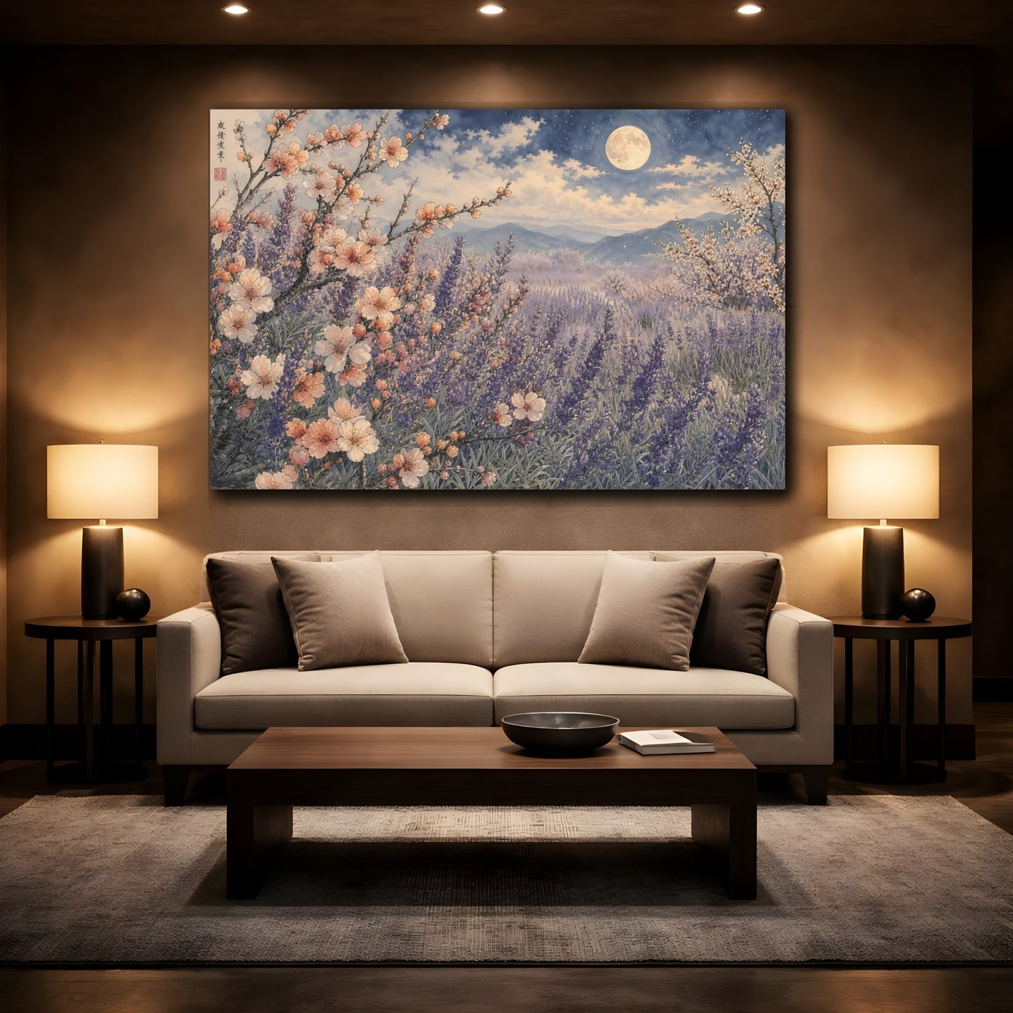 Mockup 2. Nature Lavender Field Purple Lavender Night shown as stretched canvas wall art