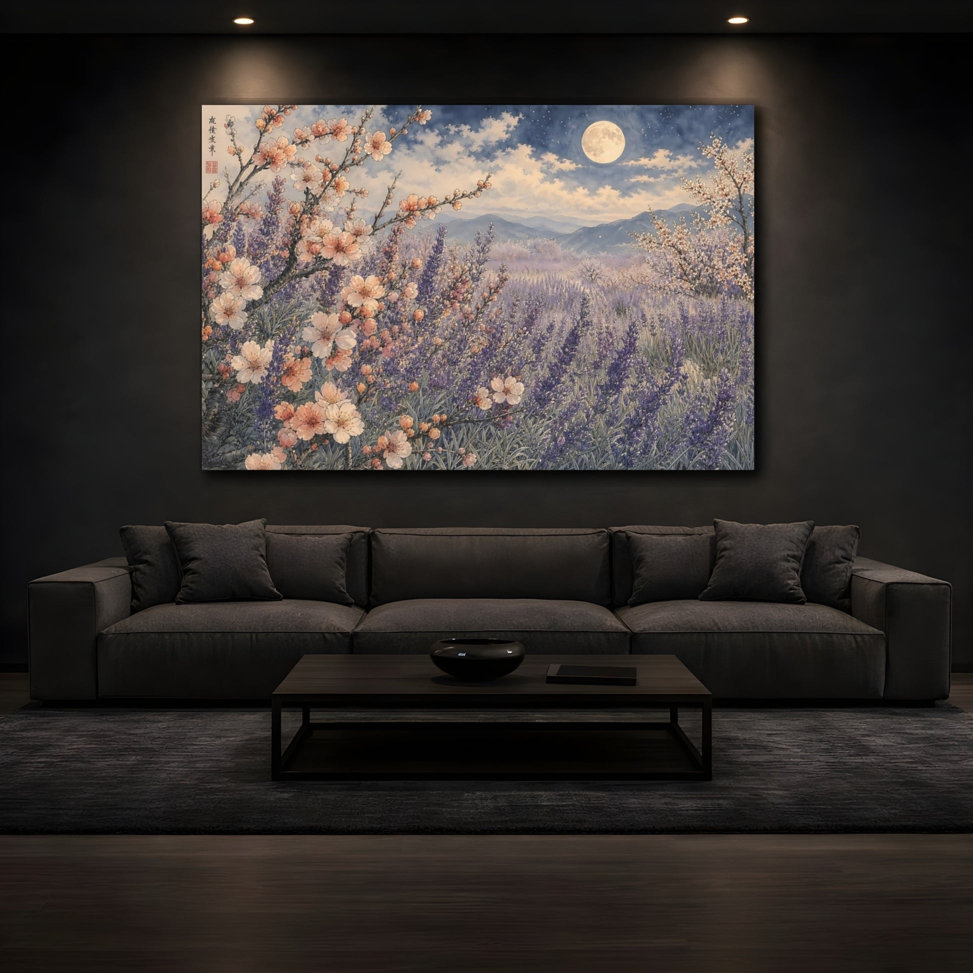 Mockup 3. Nature Lavender Field Purple Lavender Night shown as stretched canvas wall art