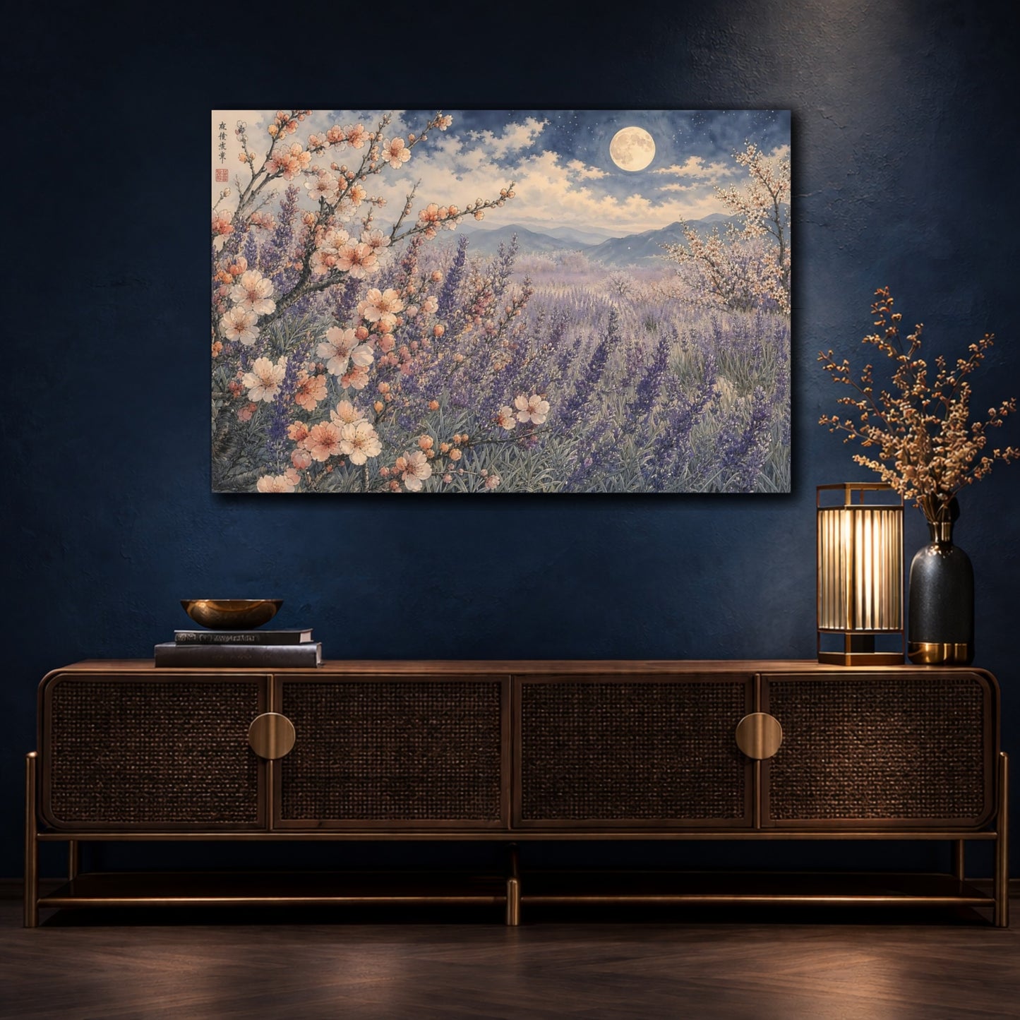 Mockup 4. Nature Lavender Field Purple Lavender Night shown as stretched canvas wall art