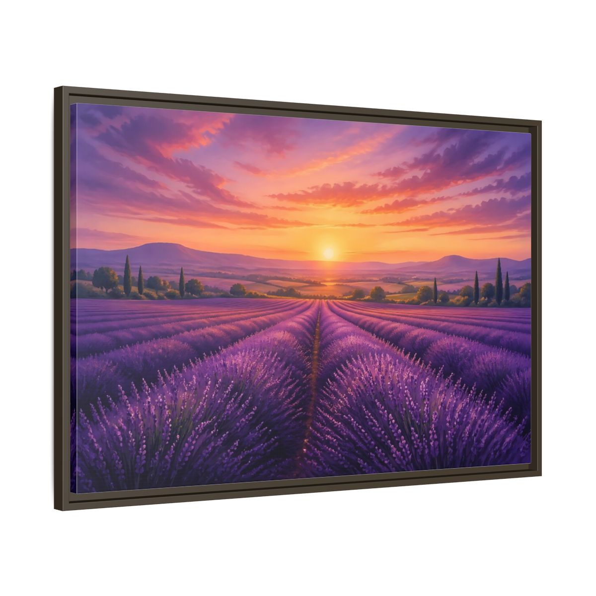 Main Mockup. Nature Lavender Field Purple Lavender Sunset shown as stretched canvas wall art