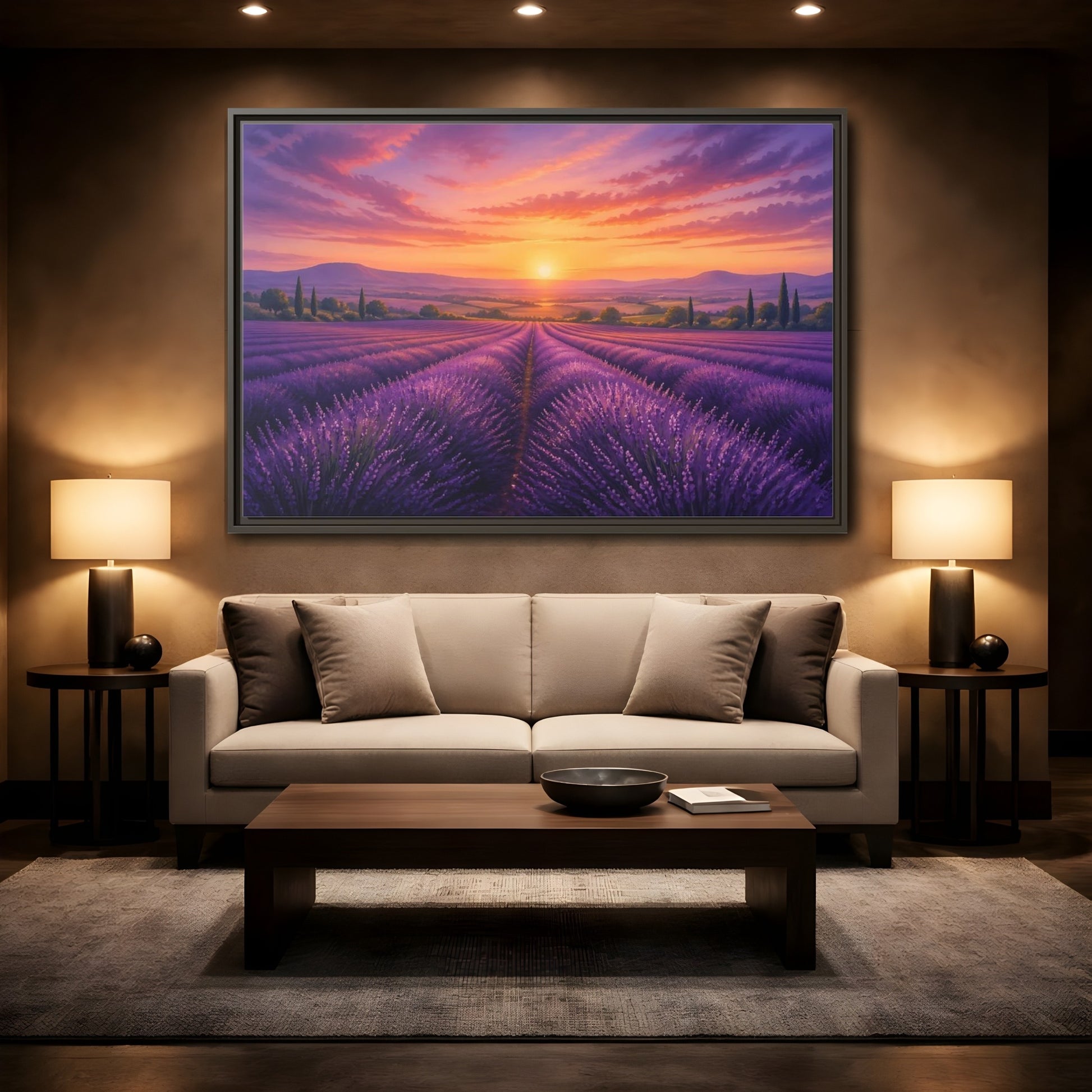 Mockup 2. Nature Lavender Field Purple Lavender Sunset shown as stretched canvas wall art