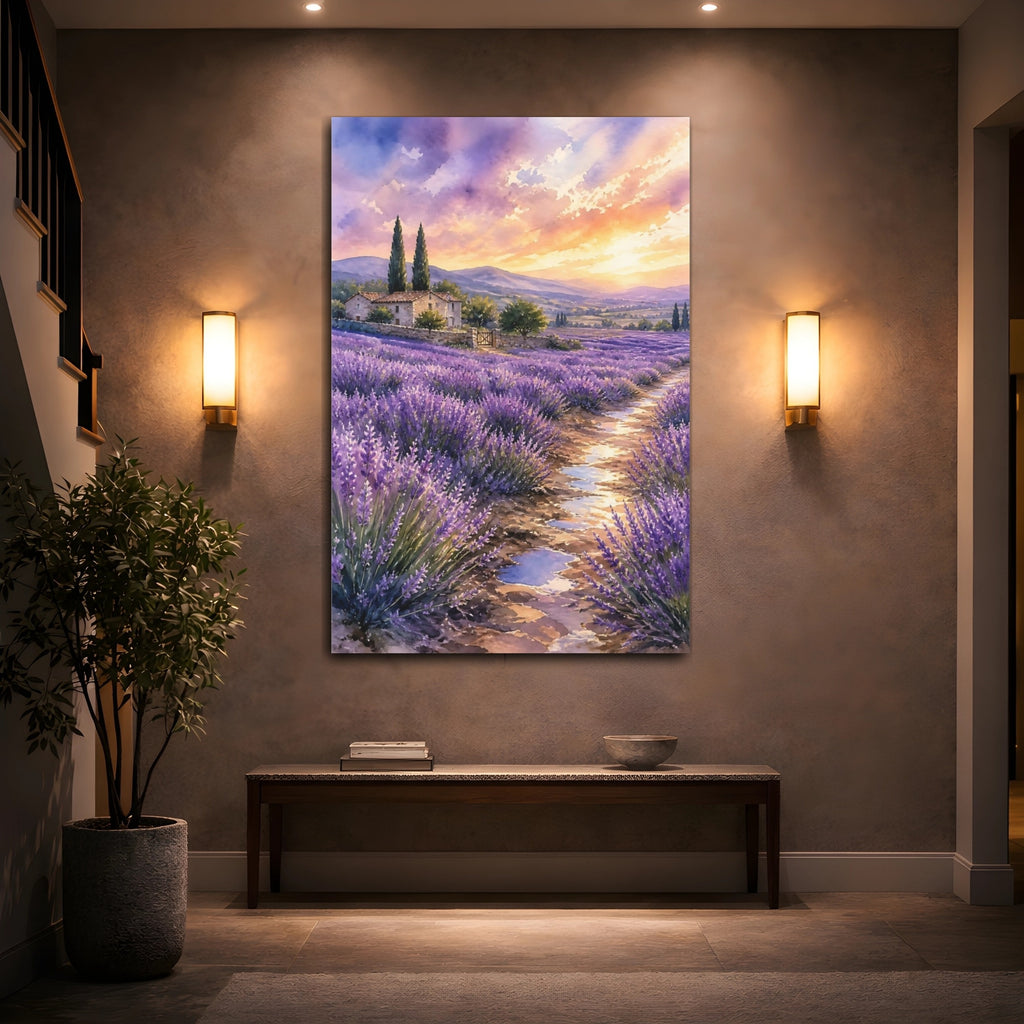 Mockup 2. Nature Lavender Field Purple Lavender Sunset shown as stretched canvas wall art
