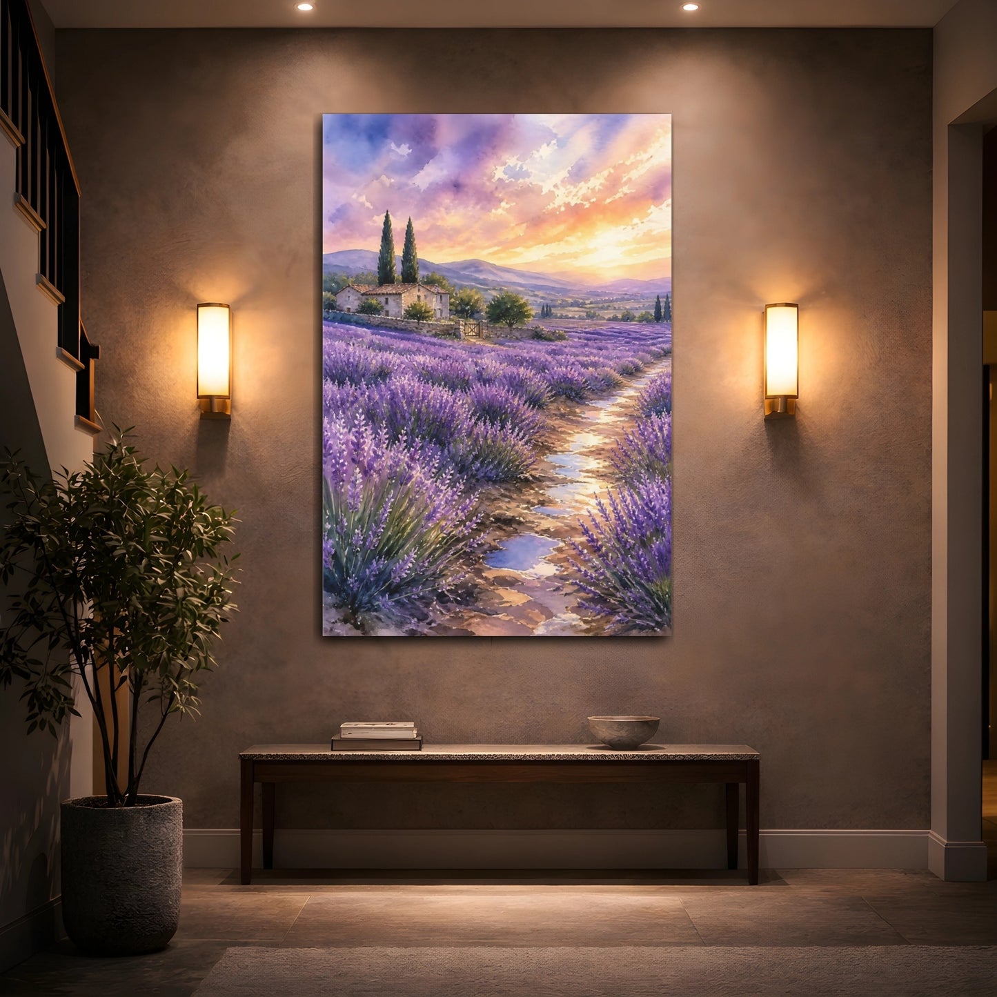 Mockup 2. Nature Lavender Field Purple Lavender Sunset shown as stretched canvas wall art