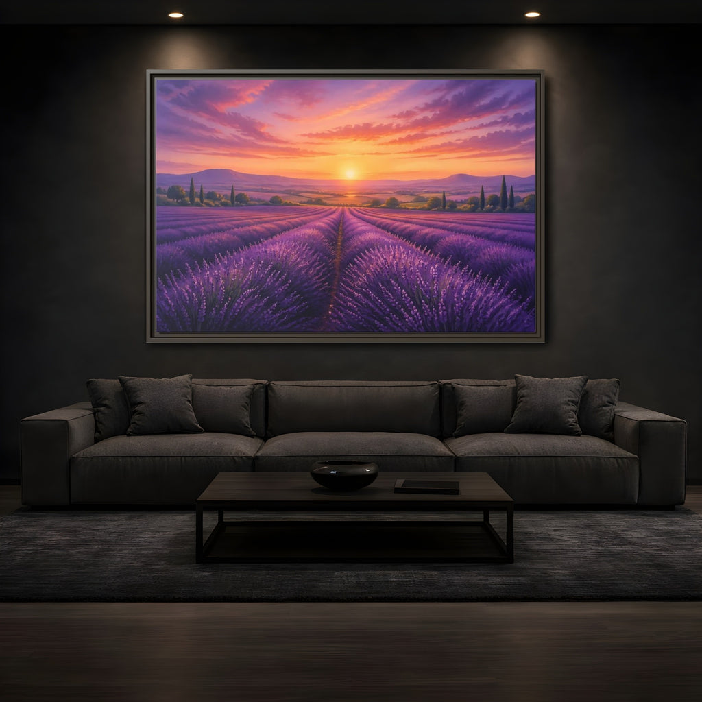 Mockup 3. Nature Lavender Field Purple Lavender Sunset shown as stretched canvas wall art