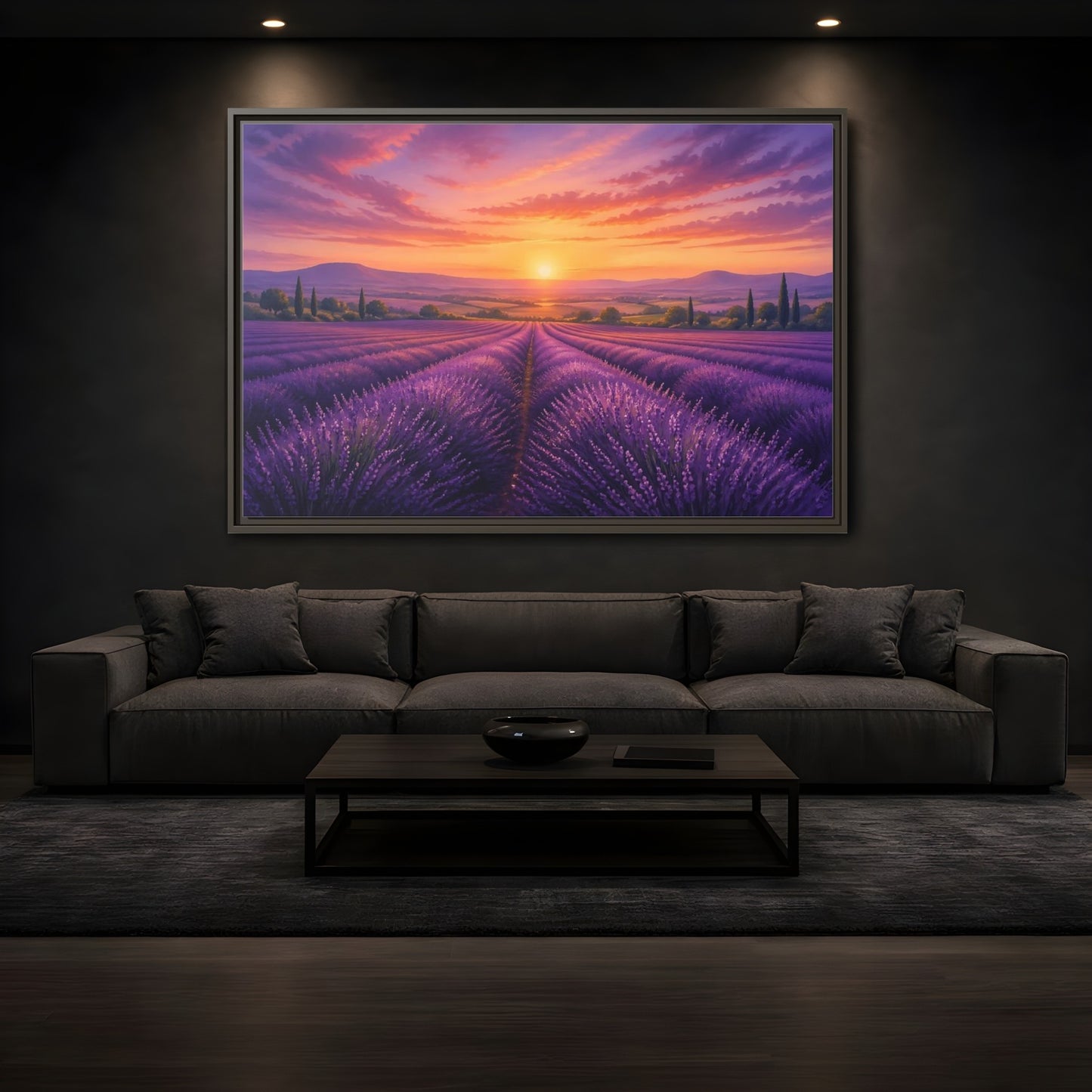 Mockup 3. Nature Lavender Field Purple Lavender Sunset shown as stretched canvas wall art