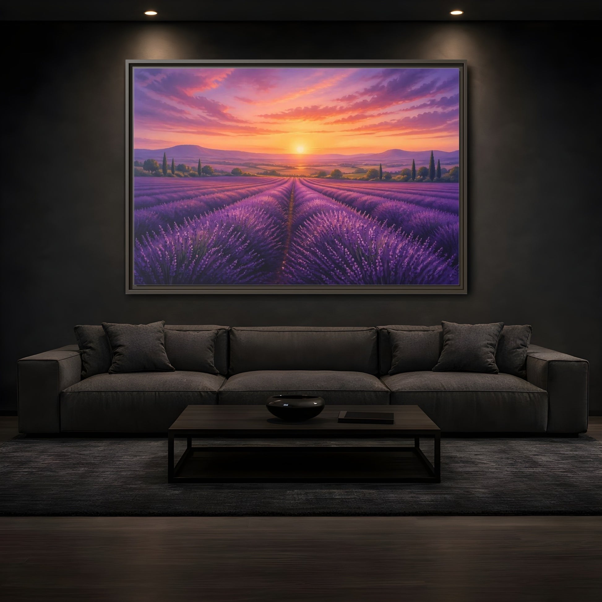 Mockup 3. Nature Lavender Field Purple Lavender Sunset shown as stretched canvas wall art