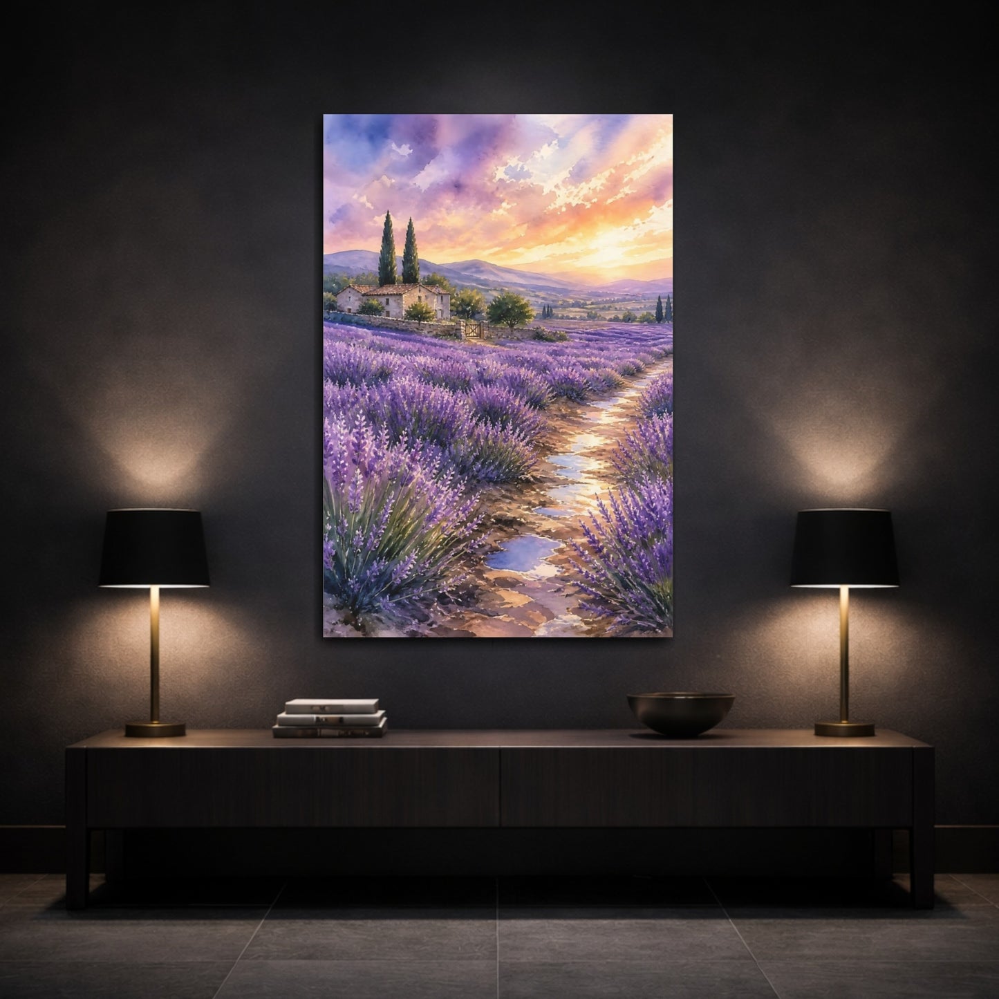 Mockup 3. Nature Lavender Field Purple Lavender Sunset shown as stretched canvas wall art