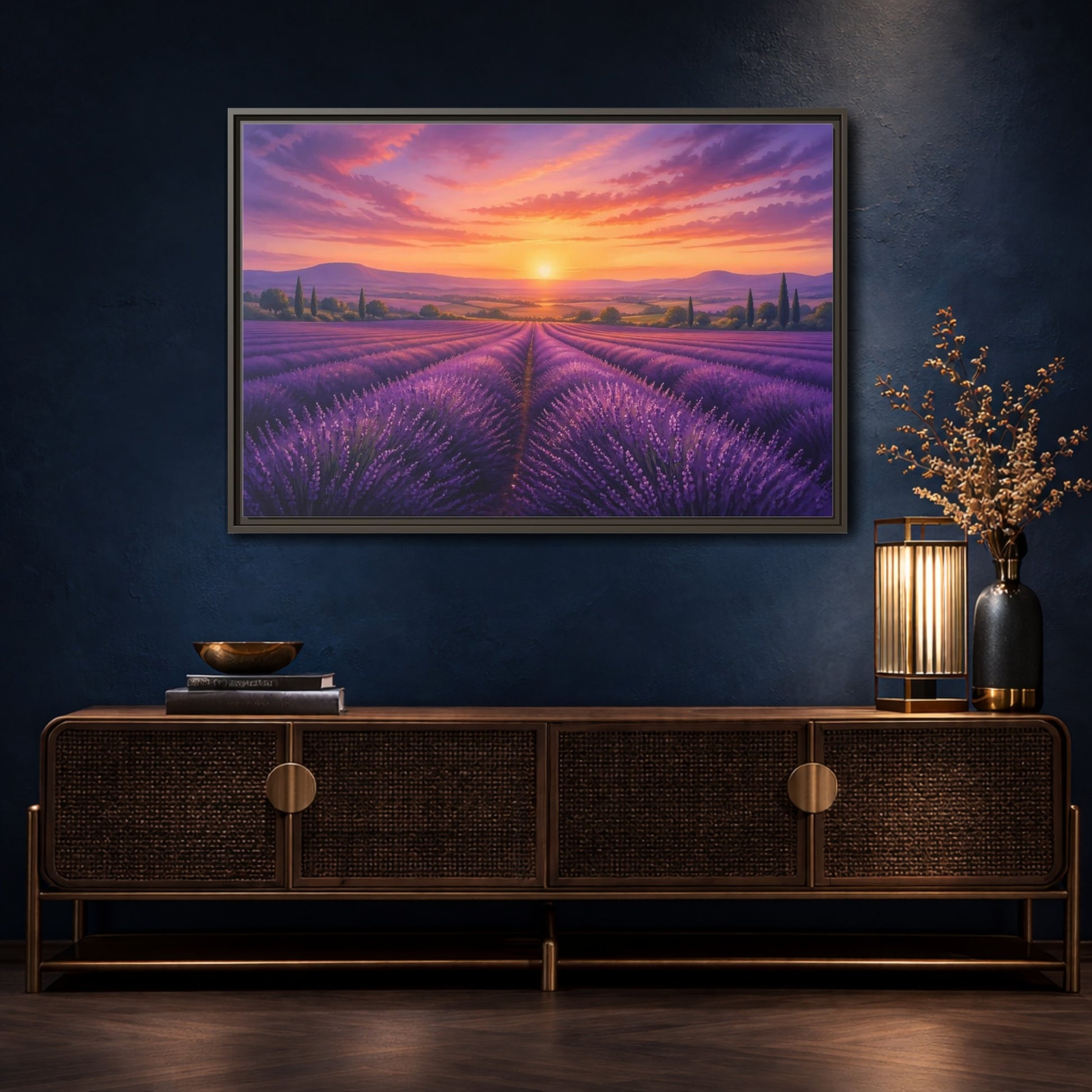 Mockup 4. Nature Lavender Field Purple Lavender Sunset shown as stretched canvas wall art