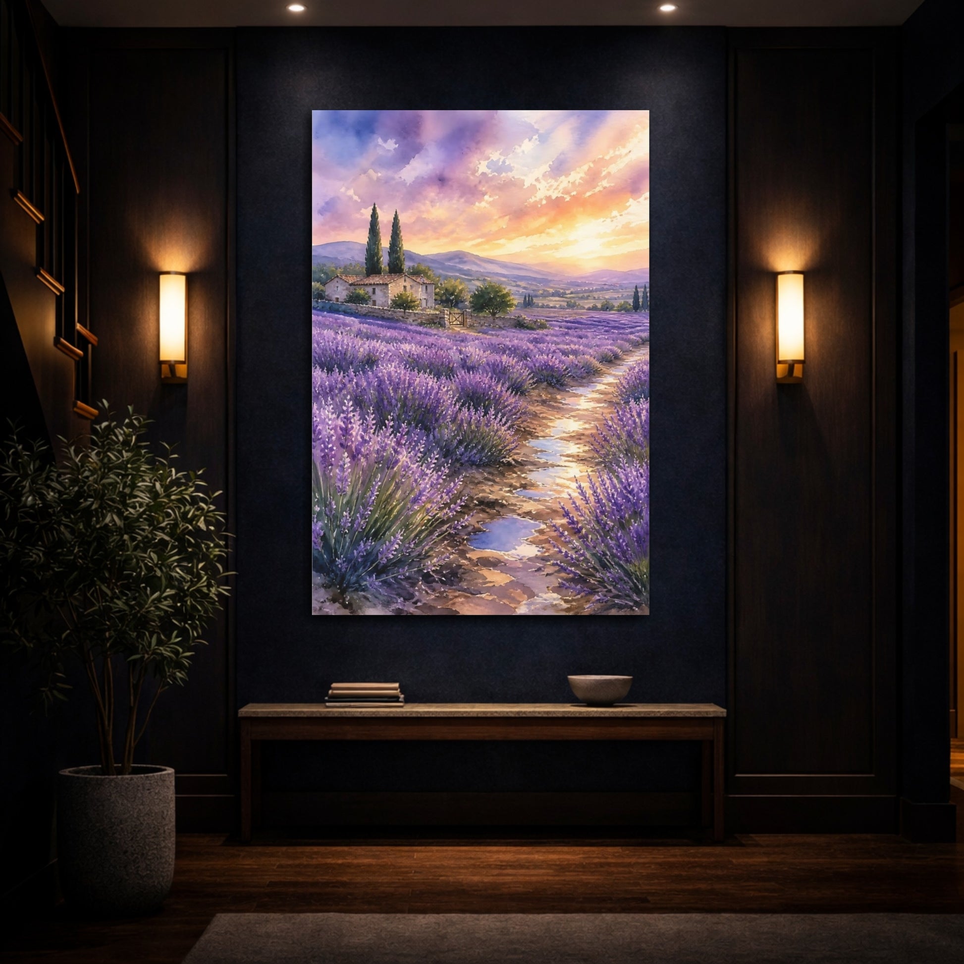 Mockup 4. Nature Lavender Field Purple Lavender Sunset shown as stretched canvas wall art