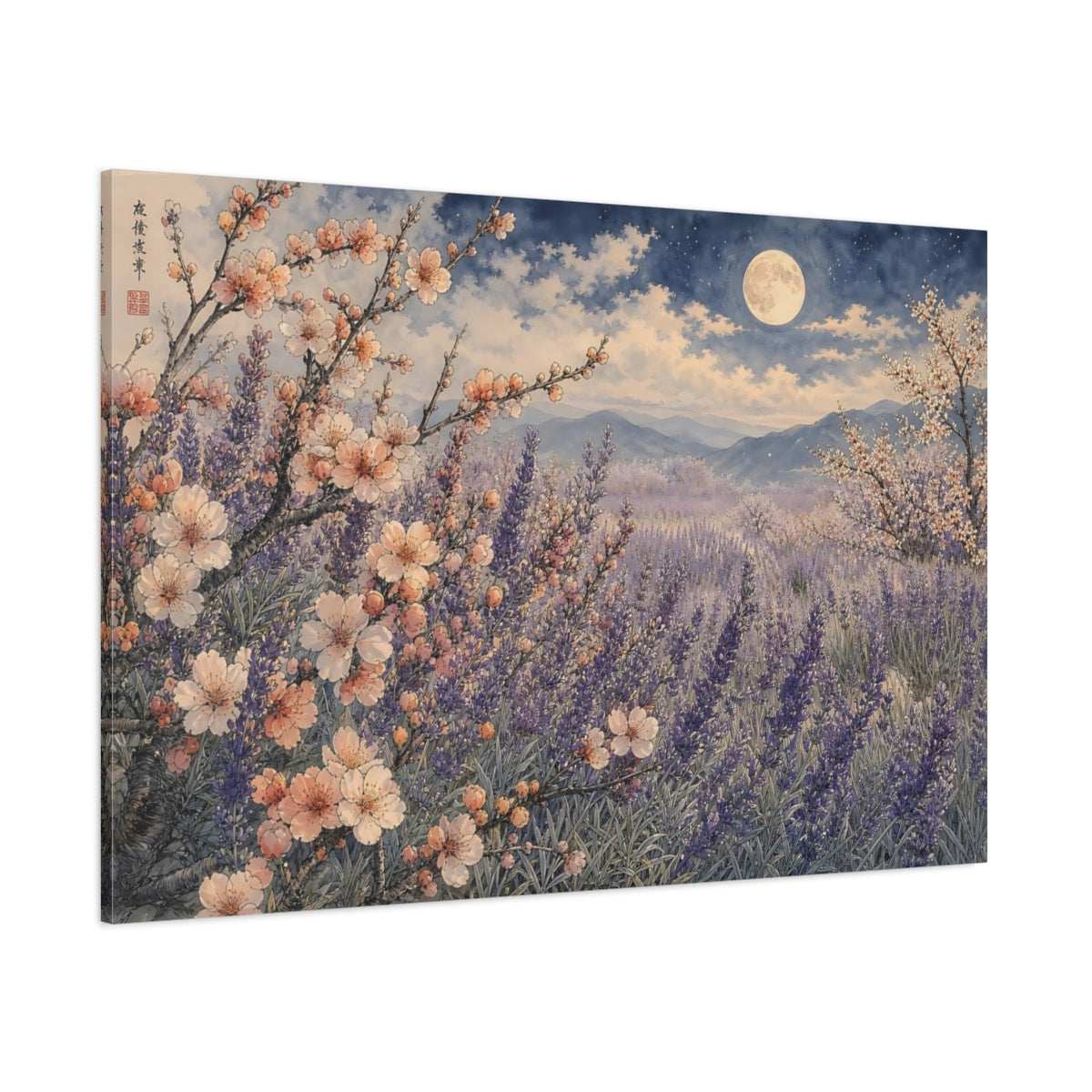 Side Mockup 1. Nature Lavender Field Purple Lavender Night shown as stretched canvas wall art