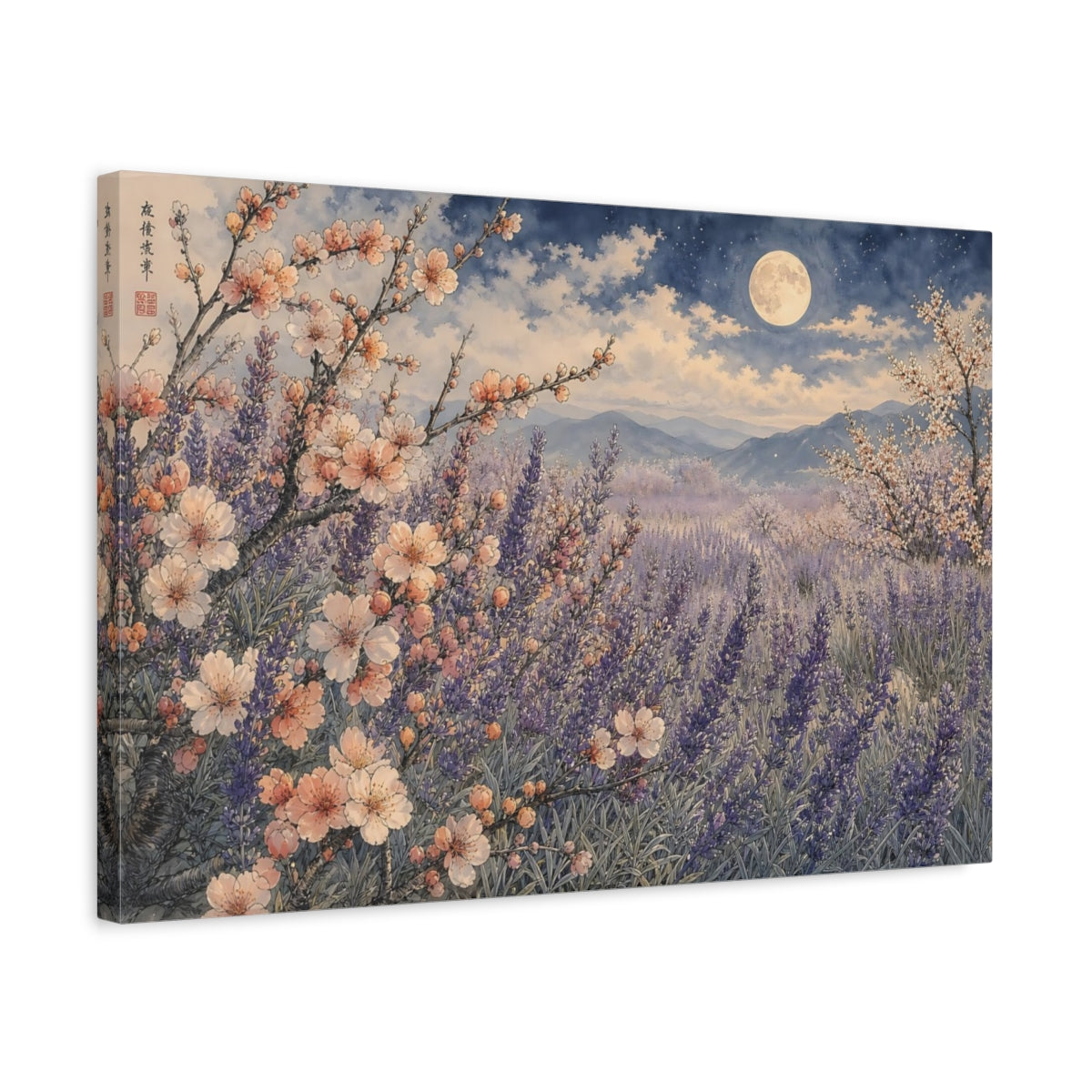 Side Mockup 3. Nature Lavender Field Purple Lavender Night shown as stretched canvas wall art