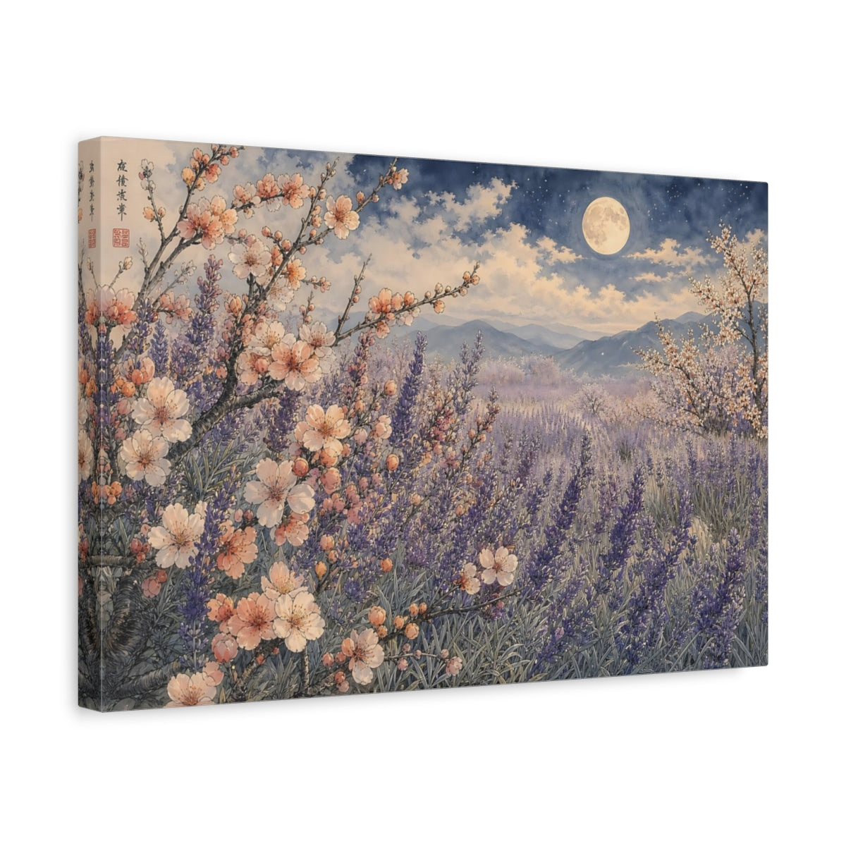 Side Mockup 4. Nature Lavender Field Purple Lavender Night shown as stretched canvas wall art