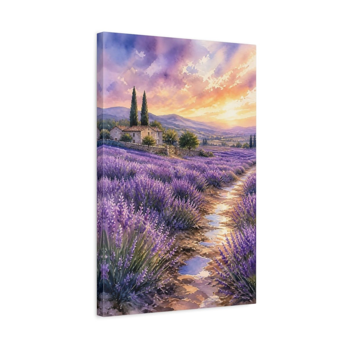 Side Mockup 3. Nature Lavender Field Purple Lavender Sunset shown as stretched canvas wall art