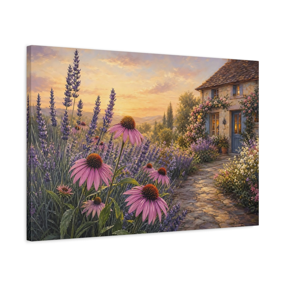 Side Mockup 2. Nature Lavender Field Lavender Sunset shown as stretched canvas wall art