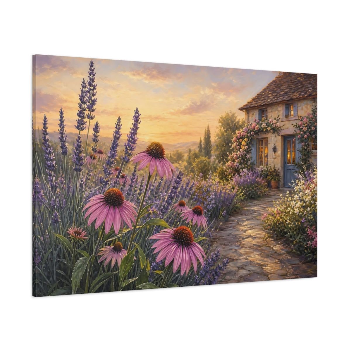 Side Mockup 1. Nature Lavender Field Lavender Sunset shown as stretched canvas wall art