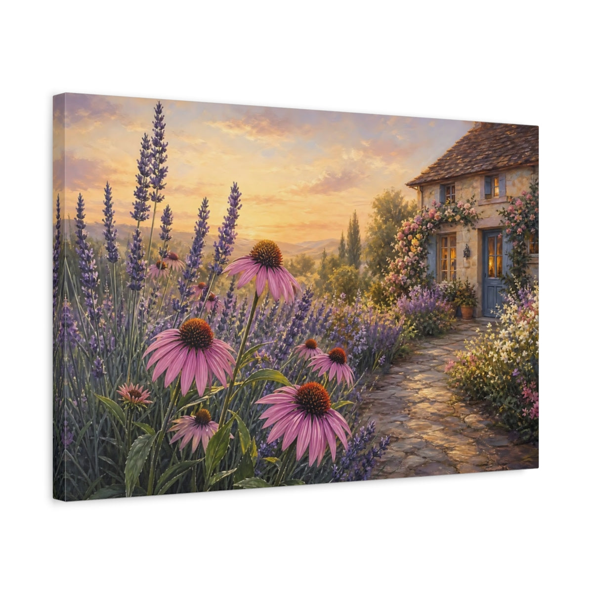 Side Mockup 3. Nature Lavender Field Lavender Sunset shown as stretched canvas wall art