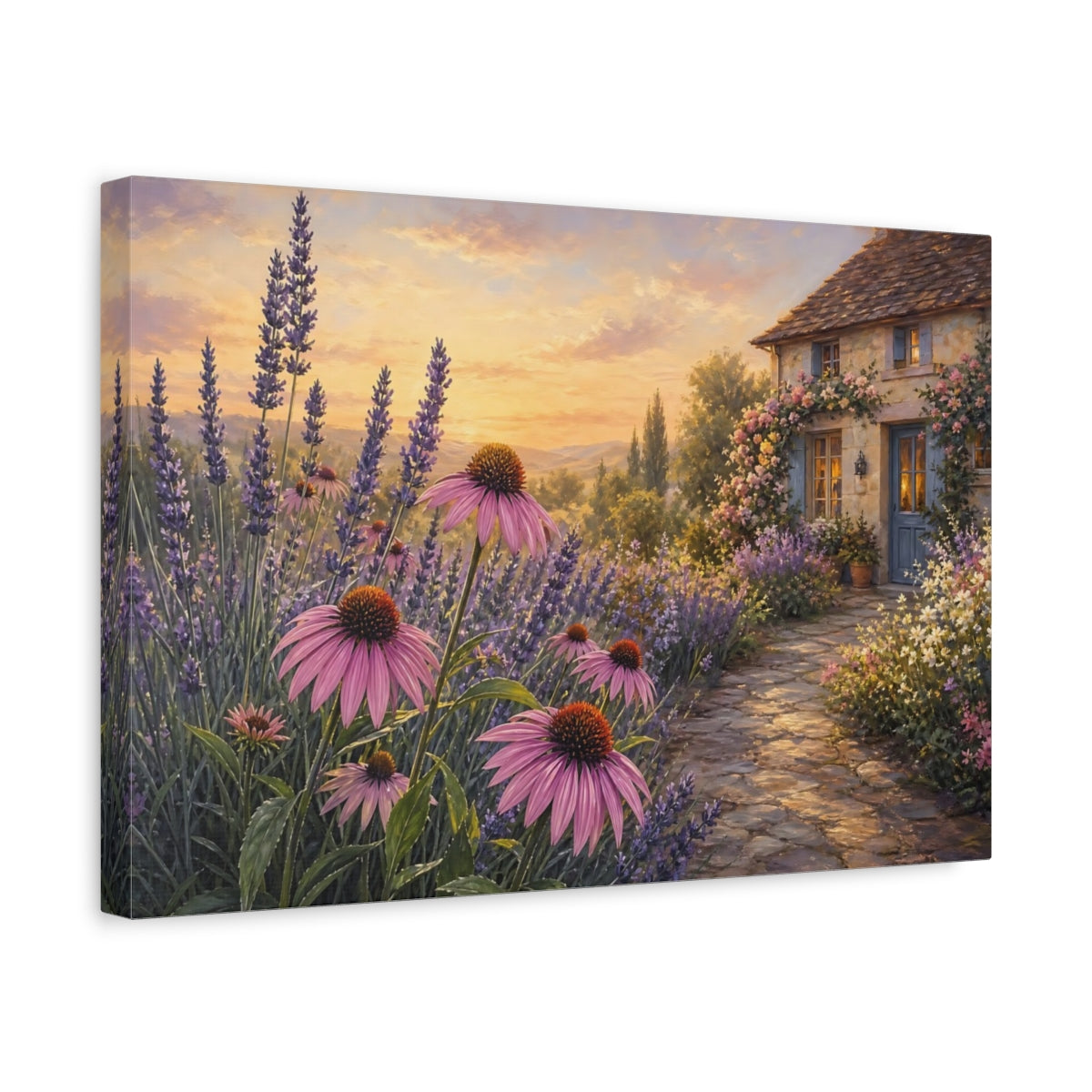 Side Mockup 4. Nature Lavender Field Lavender Sunset shown as stretched canvas wall art