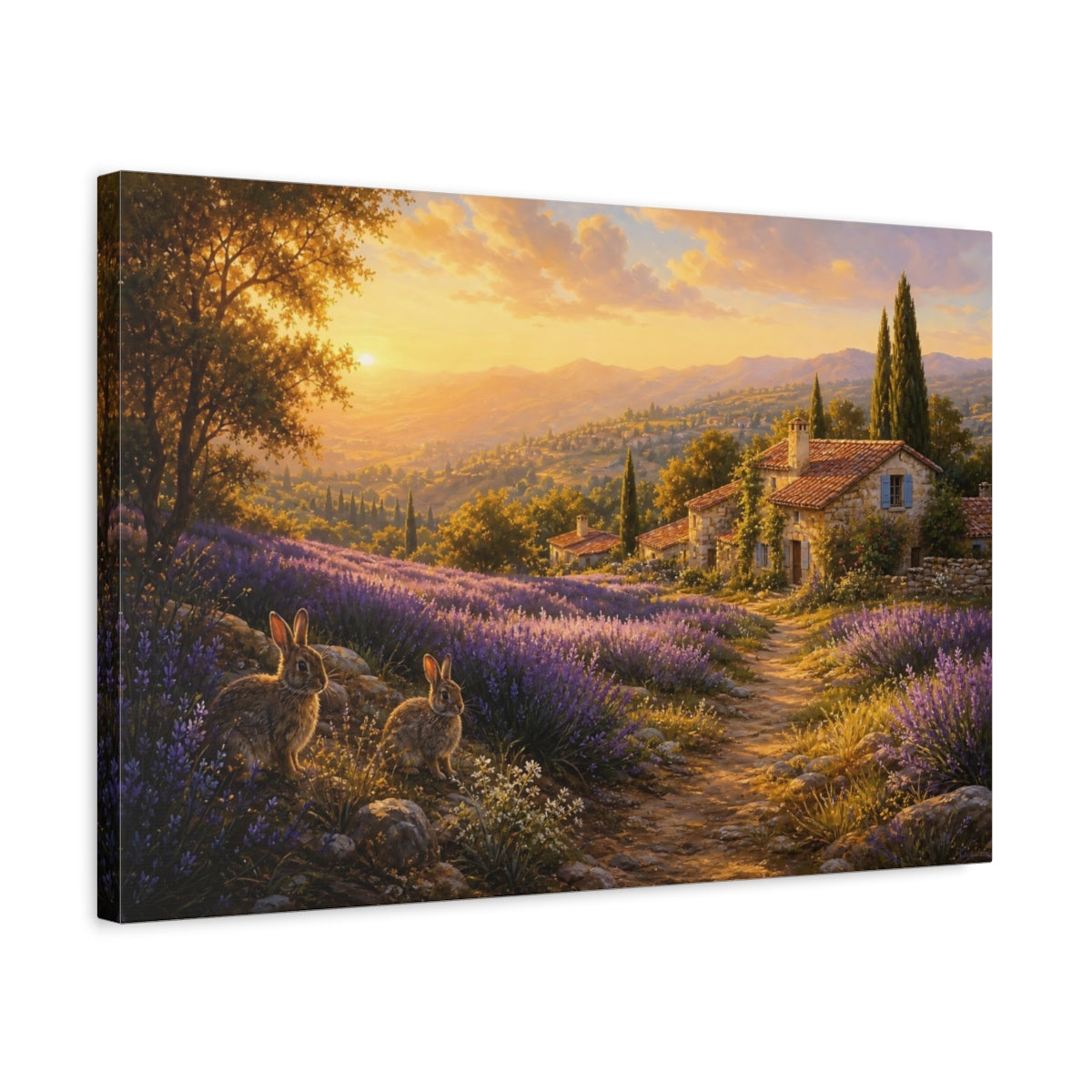 Side Mockup 3. Nature Lavender Field Lavender Sunset shown as stretched canvas wall art