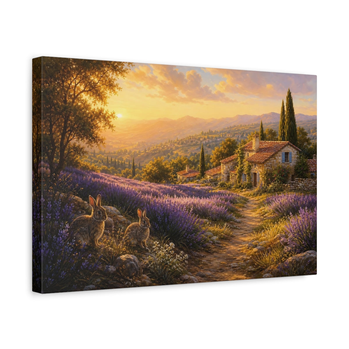 Side Mockup 4. Nature Lavender Field Lavender Sunset shown as stretched canvas wall art