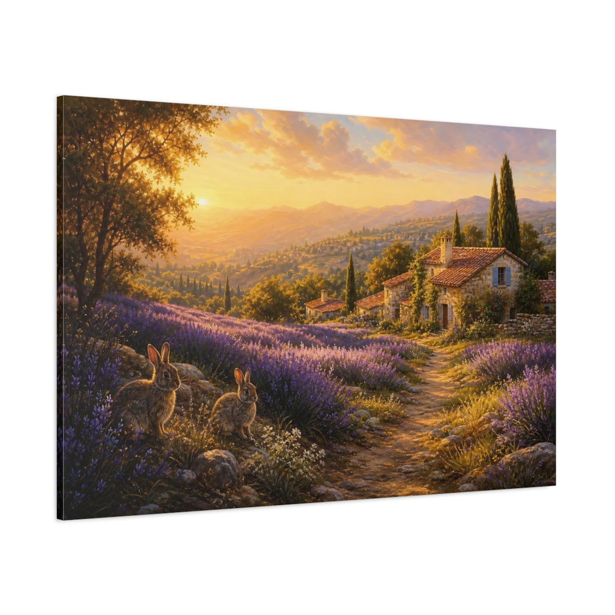 Side Mockup 1. Nature Lavender Field Lavender Sunset shown as stretched canvas wall art