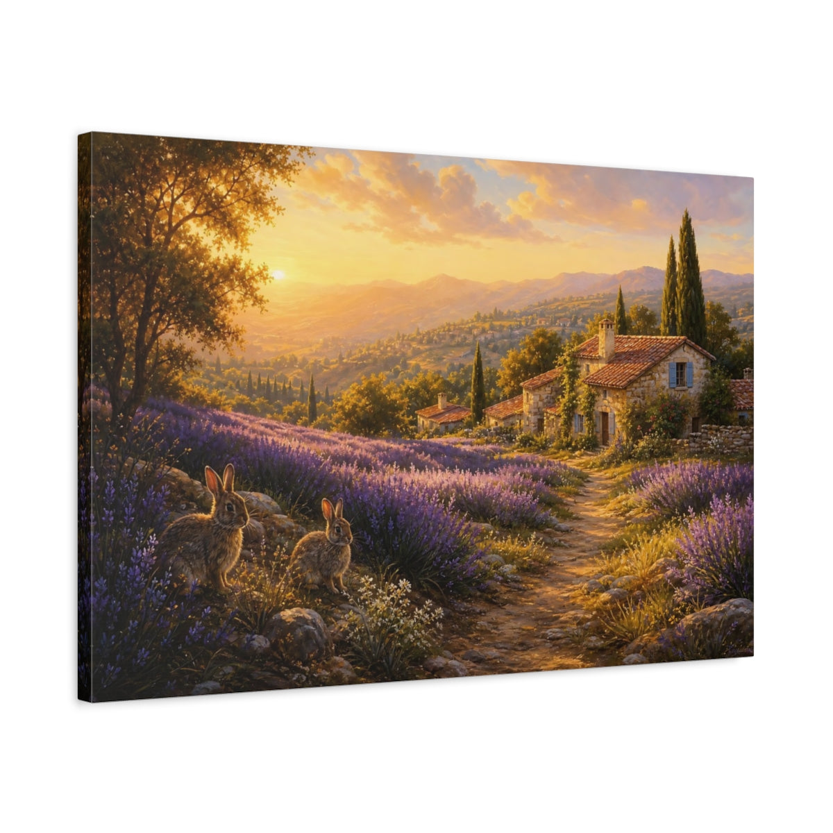 Side Mockup 2. Nature Lavender Field Lavender Sunset shown as stretched canvas wall art