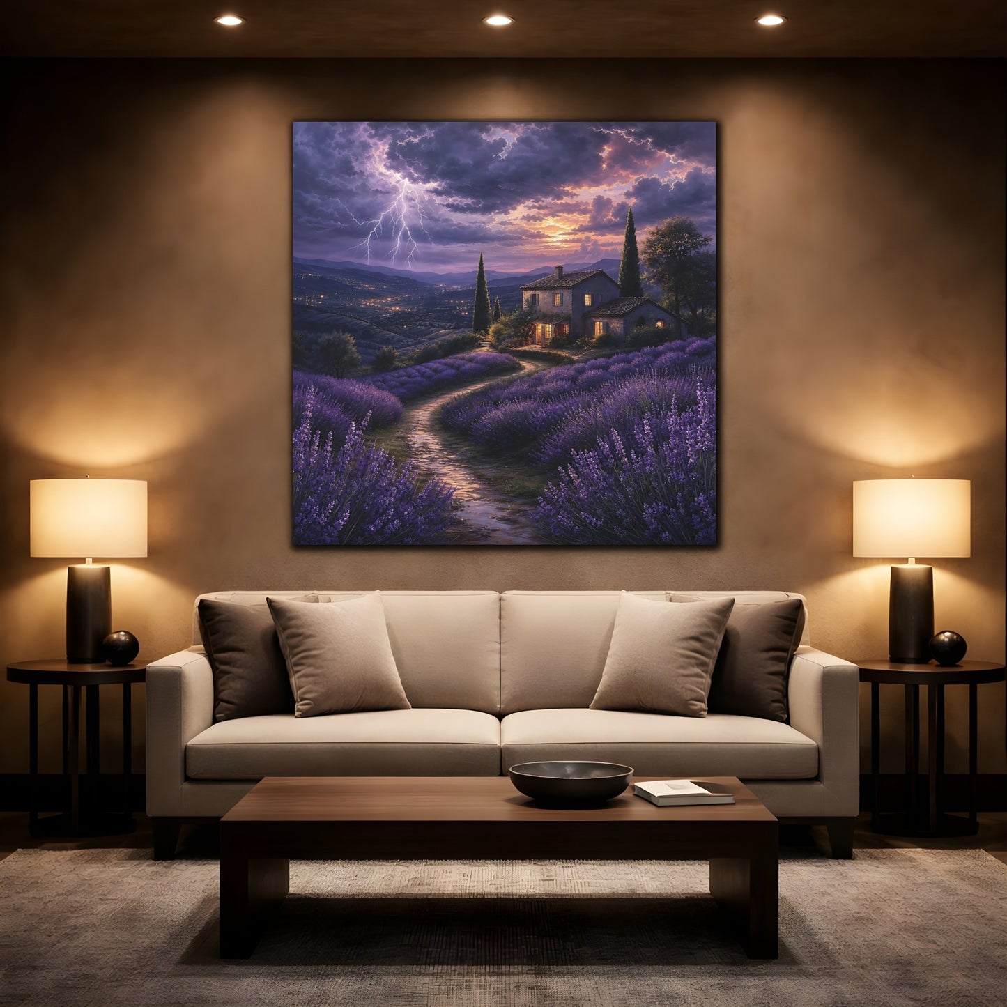 Mockup 2. Nature Lavender Fields Purple Lavender Storm shown as stretched canvas wall art
