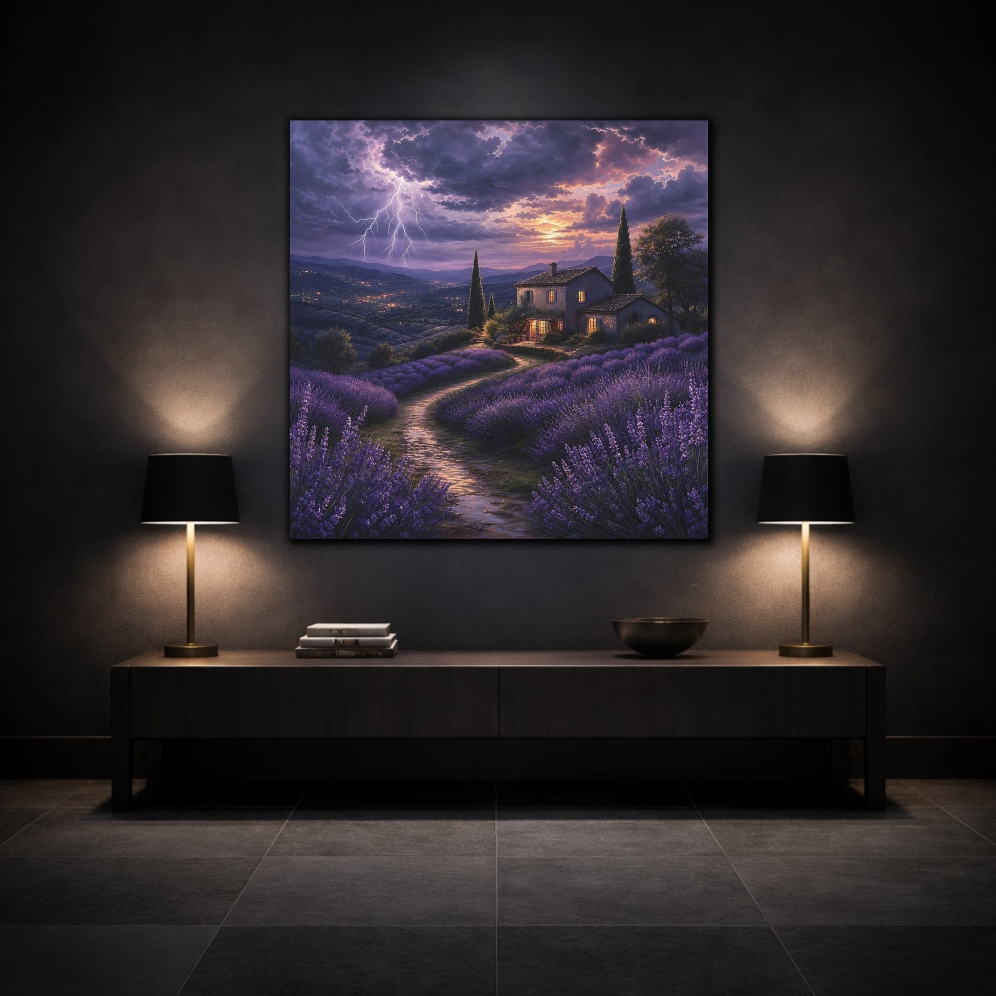 Mockup 3. Nature Lavender Fields Purple Lavender Storm shown as stretched canvas wall art