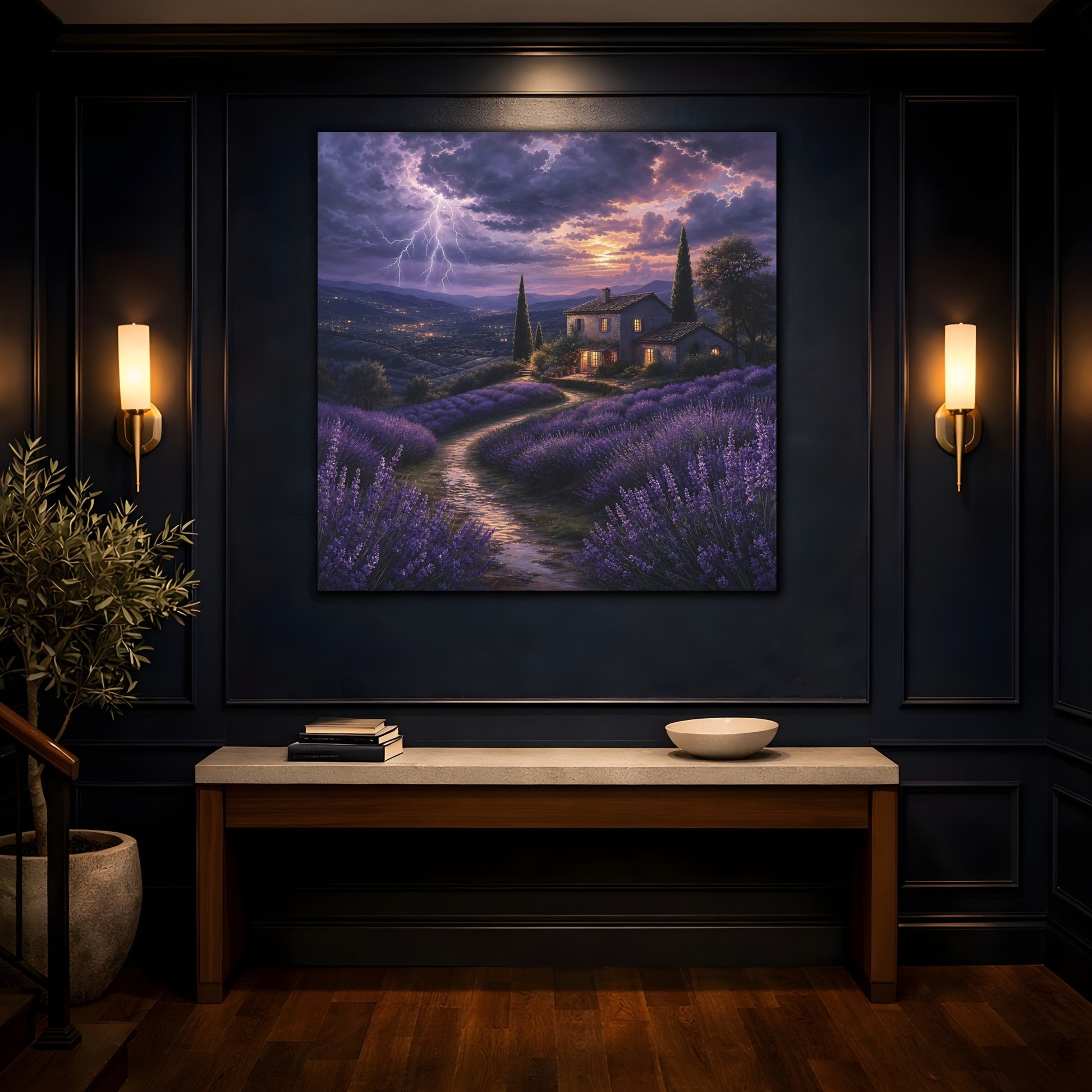 Mockup 4. Nature Lavender Fields Purple Lavender Storm shown as stretched canvas wall art