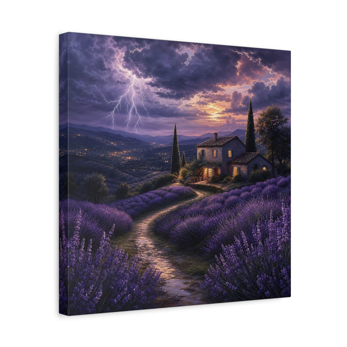 Side Mockup 6. Nature Lavender Fields Purple Lavender Storm shown as stretched canvas wall art