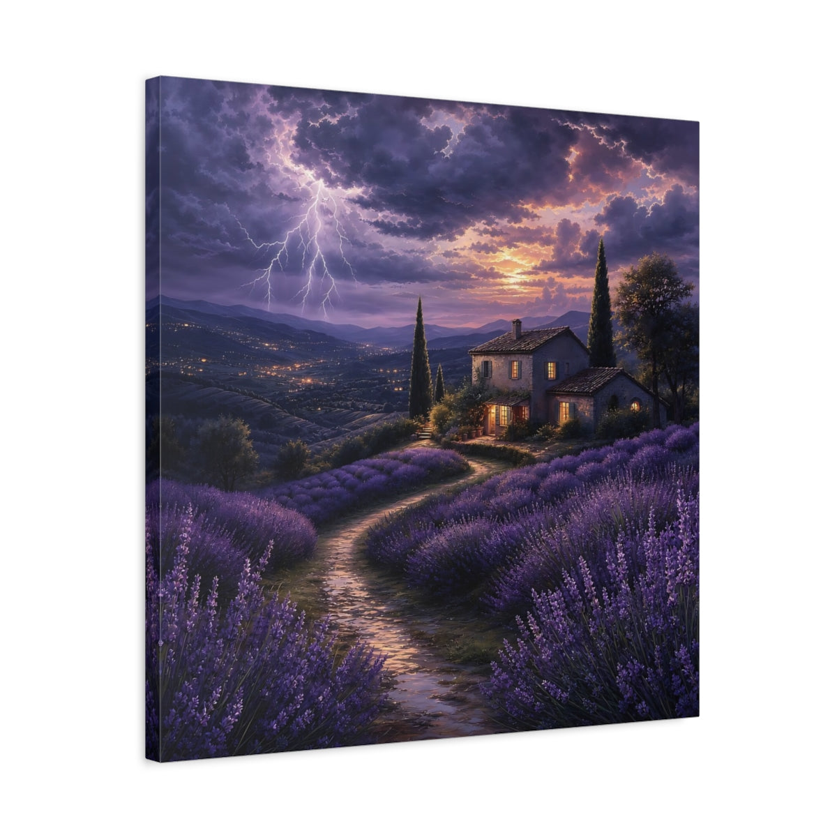 Side Mockup 4. Nature Lavender Fields Purple Lavender Storm shown as stretched canvas wall art