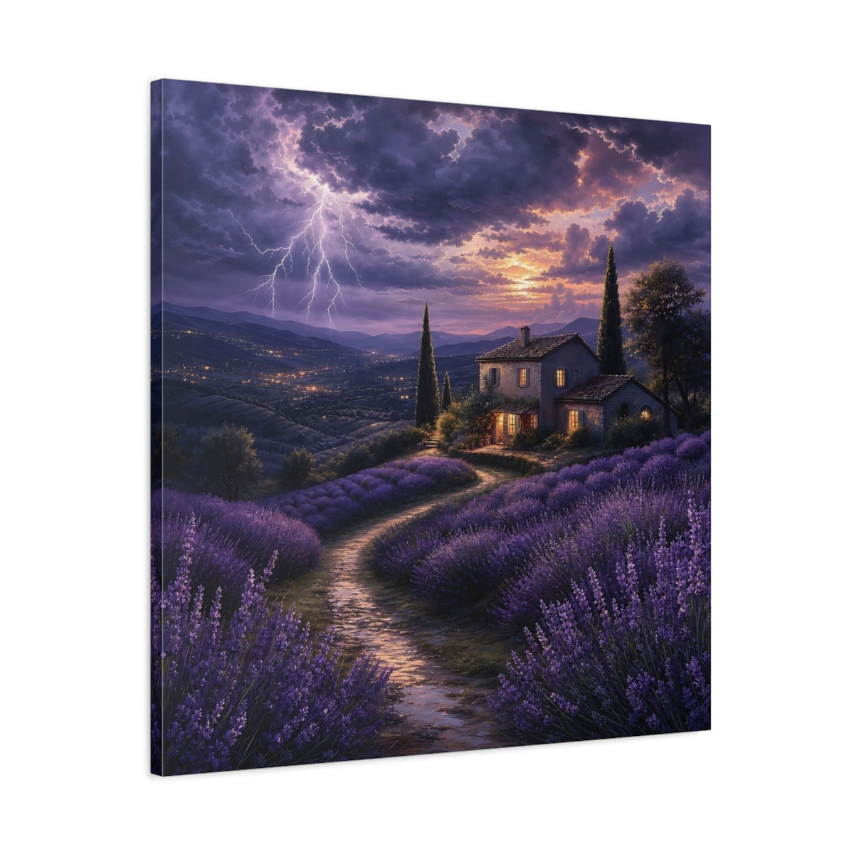 Side Mockup 3. Nature Lavender Fields Purple Lavender Storm shown as stretched canvas wall art