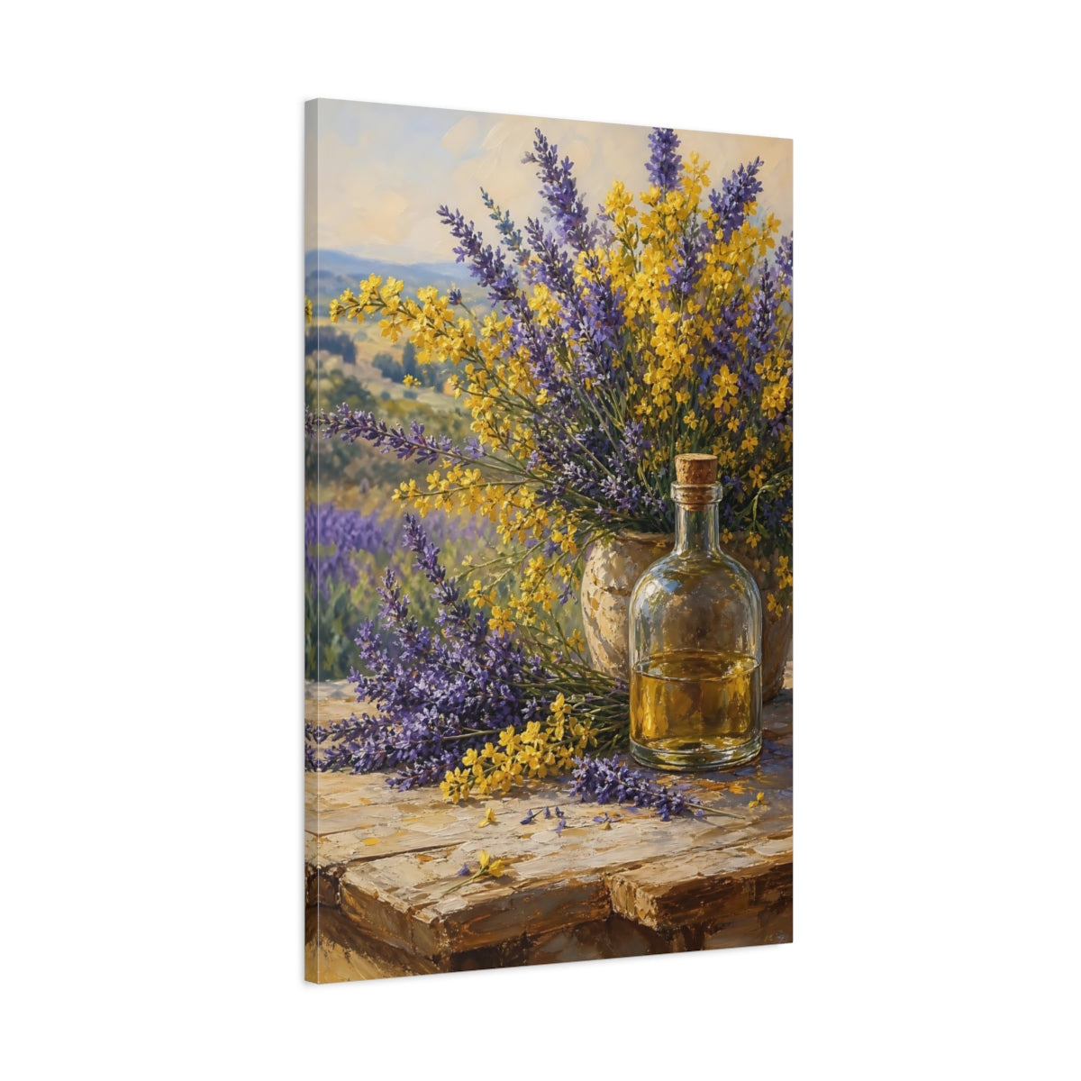 Main Mockup. Nature Lavender Flowers Lavender And Yellow Floral shown as stretched canvas wall art