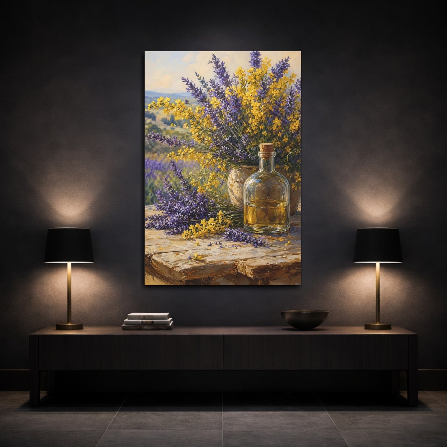 Mockup 3. Nature Lavender Flowers Lavender And Yellow Floral shown as stretched canvas wall art