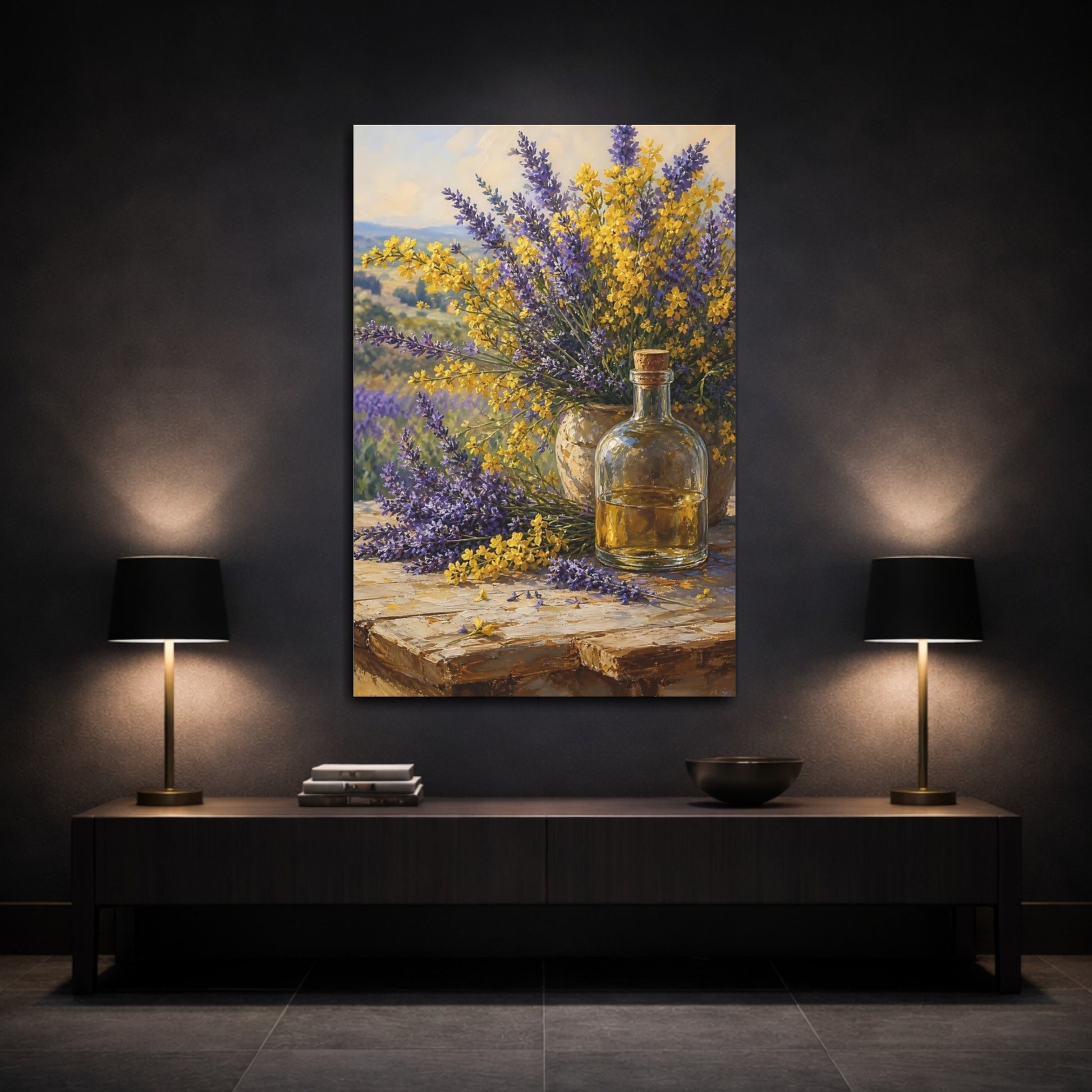 Mockup 3. Nature Lavender Flowers Lavender And Yellow Floral shown as stretched canvas wall art